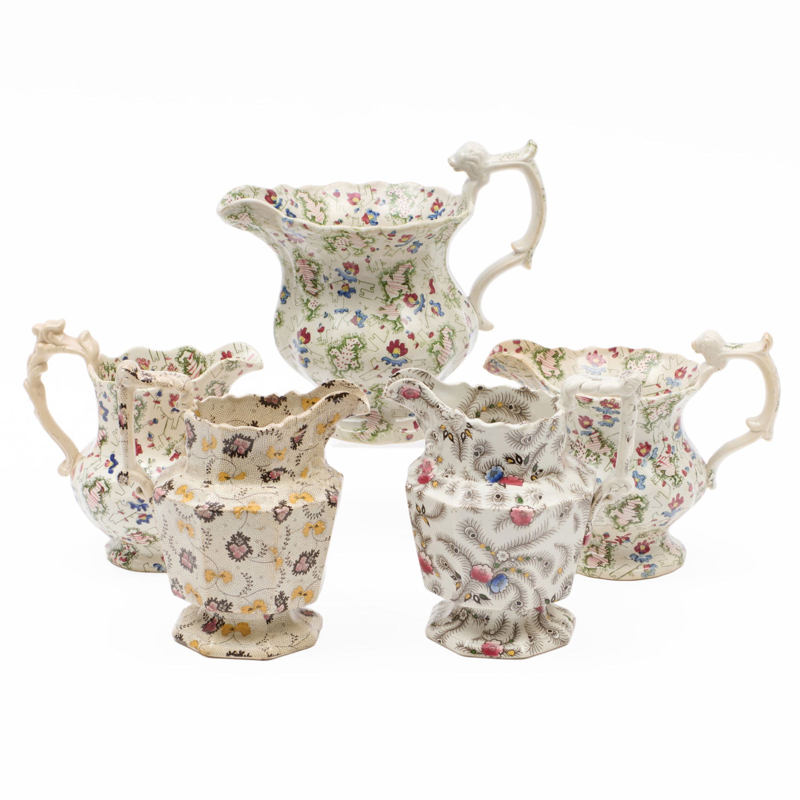 Group of Five Victorian Transfer Printed 'Chintz' Jugs of Various Size (1 of 17)