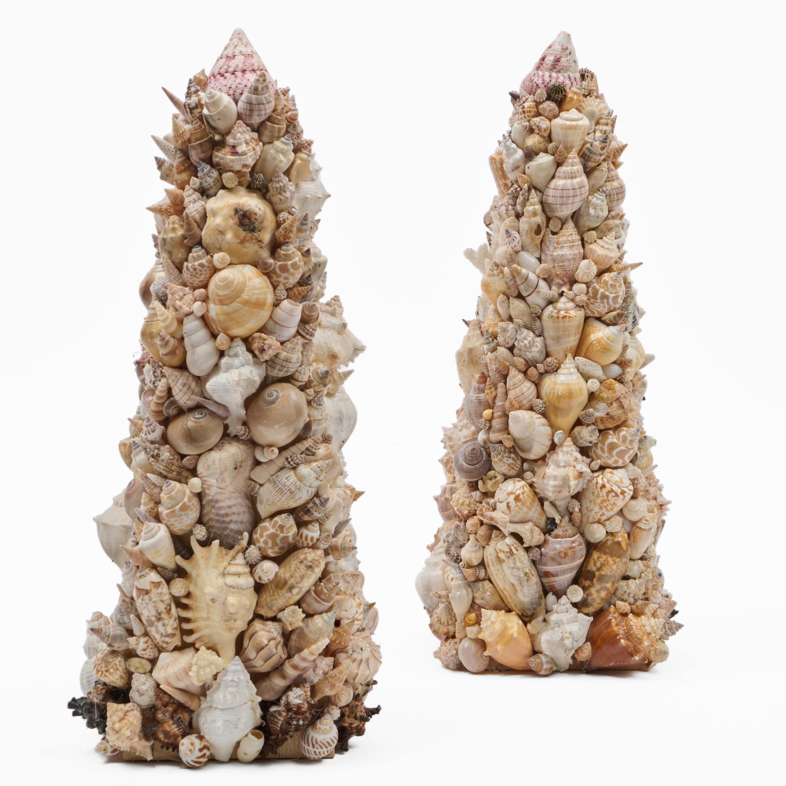 Pair of Shell Encrusted Obelisks: Pair of Shell Encrusted Obelisks 18 x 8 x 8 in.