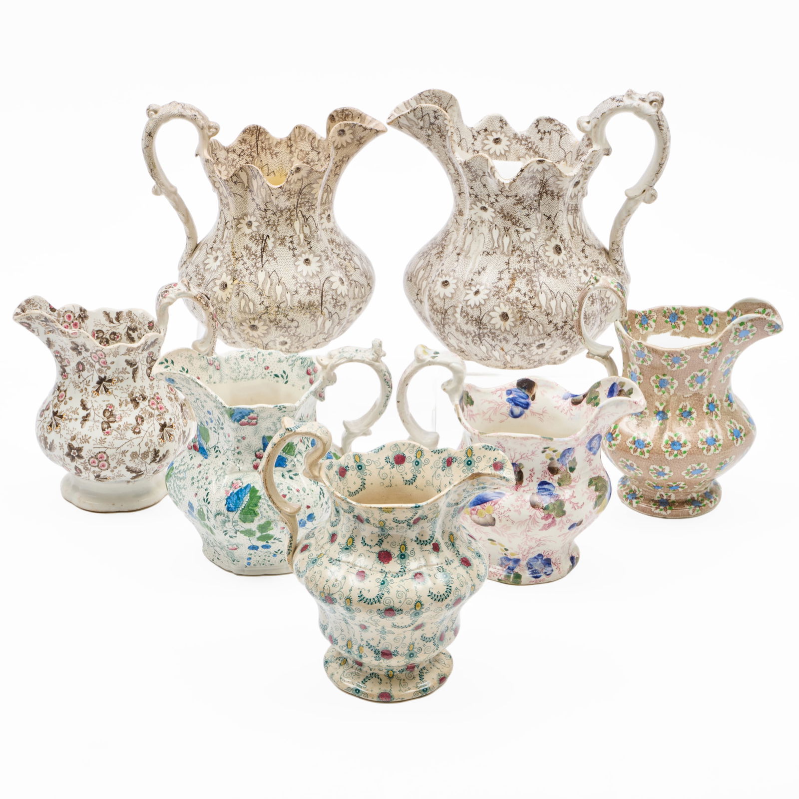 Group of Seven Victorian Transfer Printed 'Chintz' Jugs of Various Size (1 of 20)