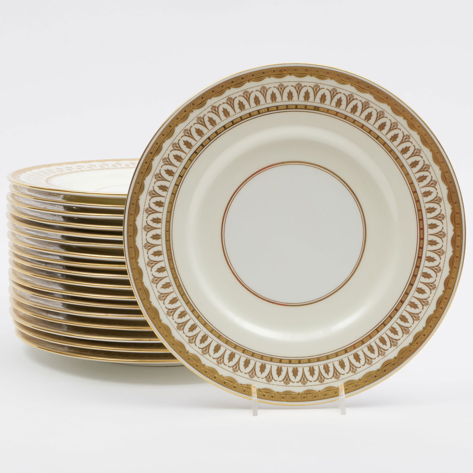 Set of Eighteen Mintons Gilt-Decorated Porcelain Dinner Plates: Set of Eighteen Mintons Gilt-Decorated Porcelain Dinner Plates Puce printed mark. 10 1/4 in. diam.