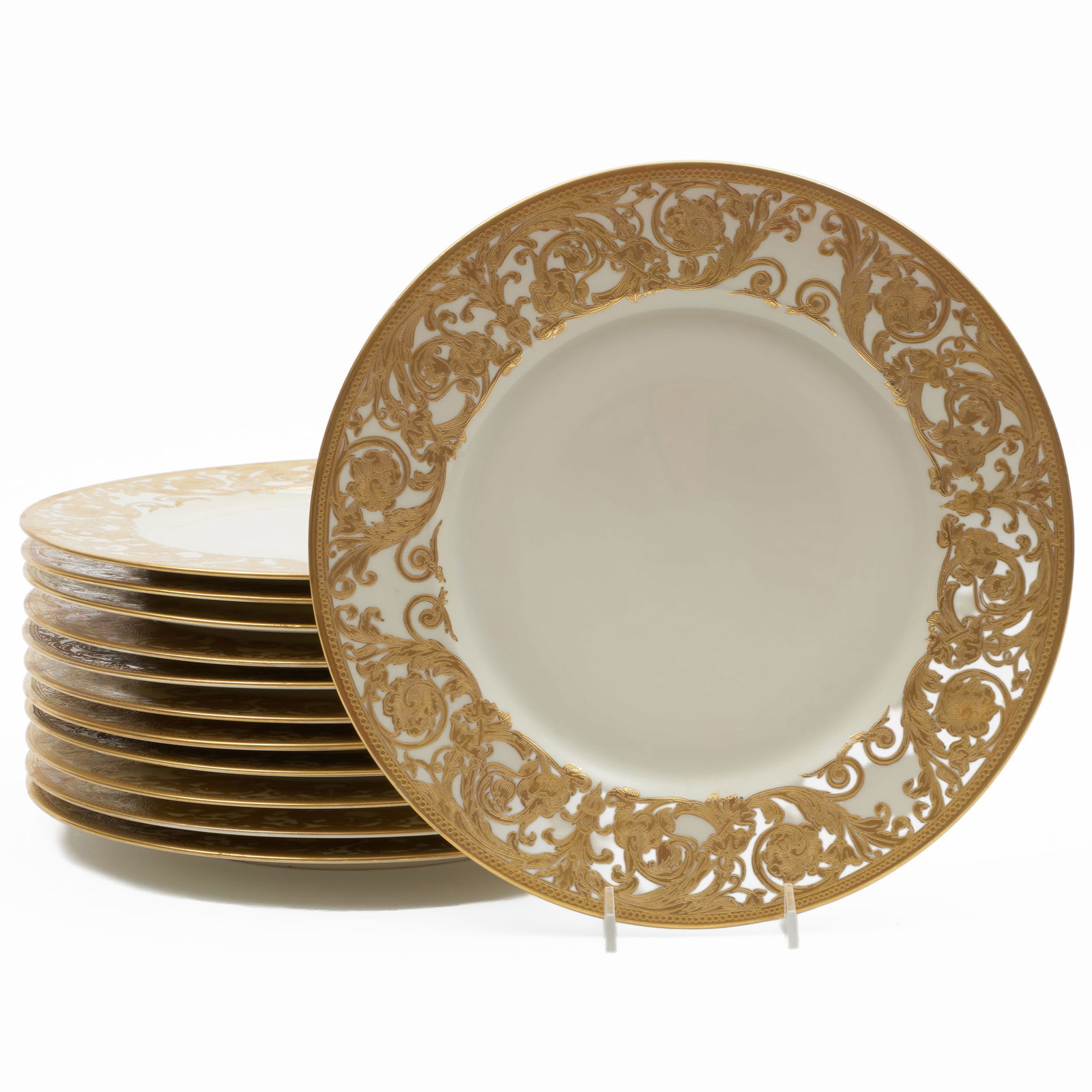 Set of Twelve Bavarian Gilt-Decorated Porcelain Dinner Plates: Set of Twelve Bavarian Gilt-Decorated Porcelain Dinner Plates Blue and green printed mark. 11 in. diam.