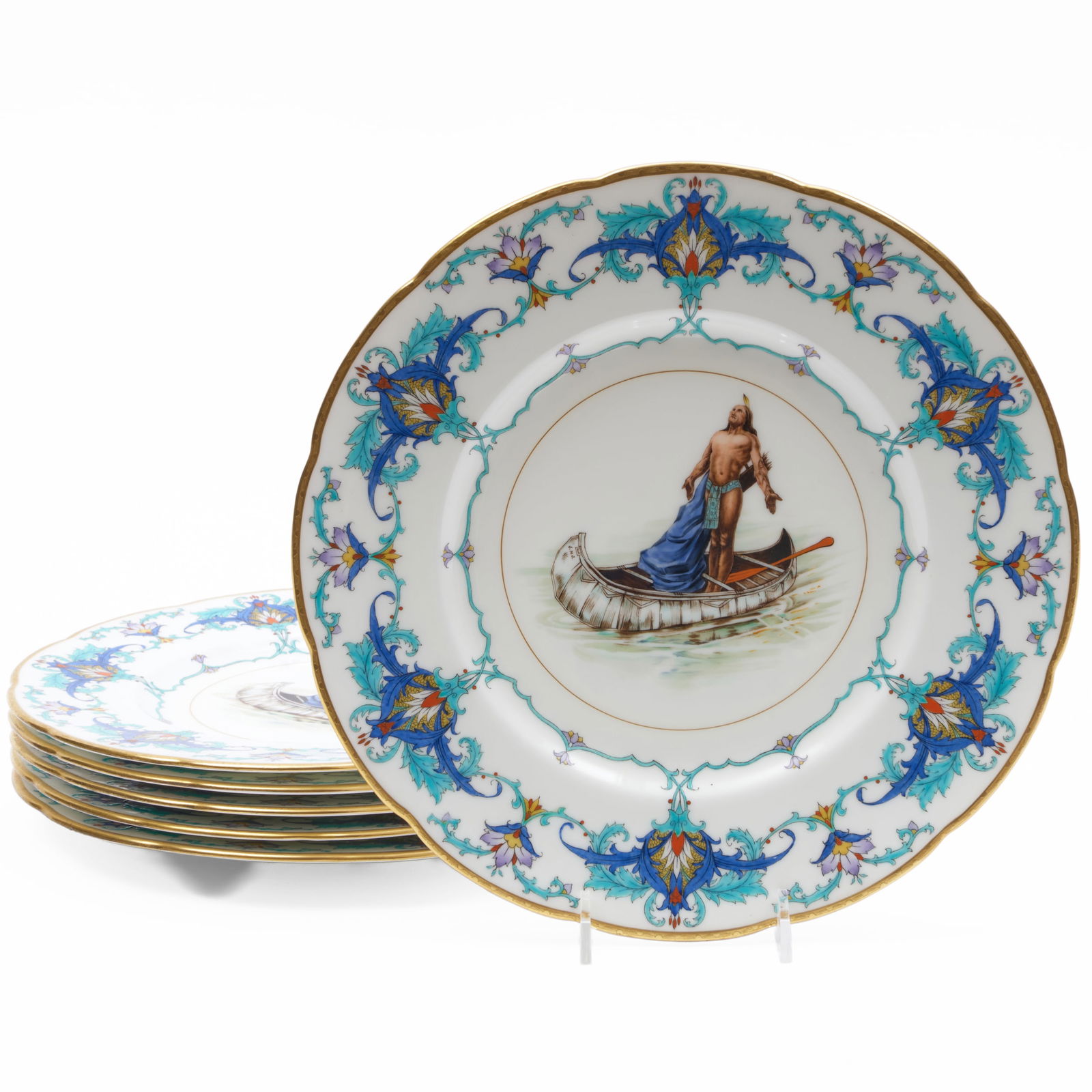 Set of Six Mintons Transfer Printed and Enriched 'Song of Hiawatha' Themed Dinner Plates: Set of Six Mintons Transfer Printed and Enriched 'Song of Hiawatha' Themed Dinner Plates Puce printed mark. 10 1/8 in. diam.