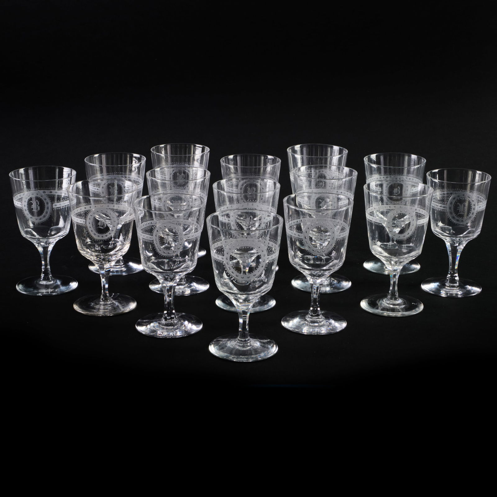 Set of Fifteen Glass Goblets Monogrammed 'B': Set of Fifteen Glass Goblets Monogrammed 'B' Unmarked. 6 x 3 1/4 in. diam.
