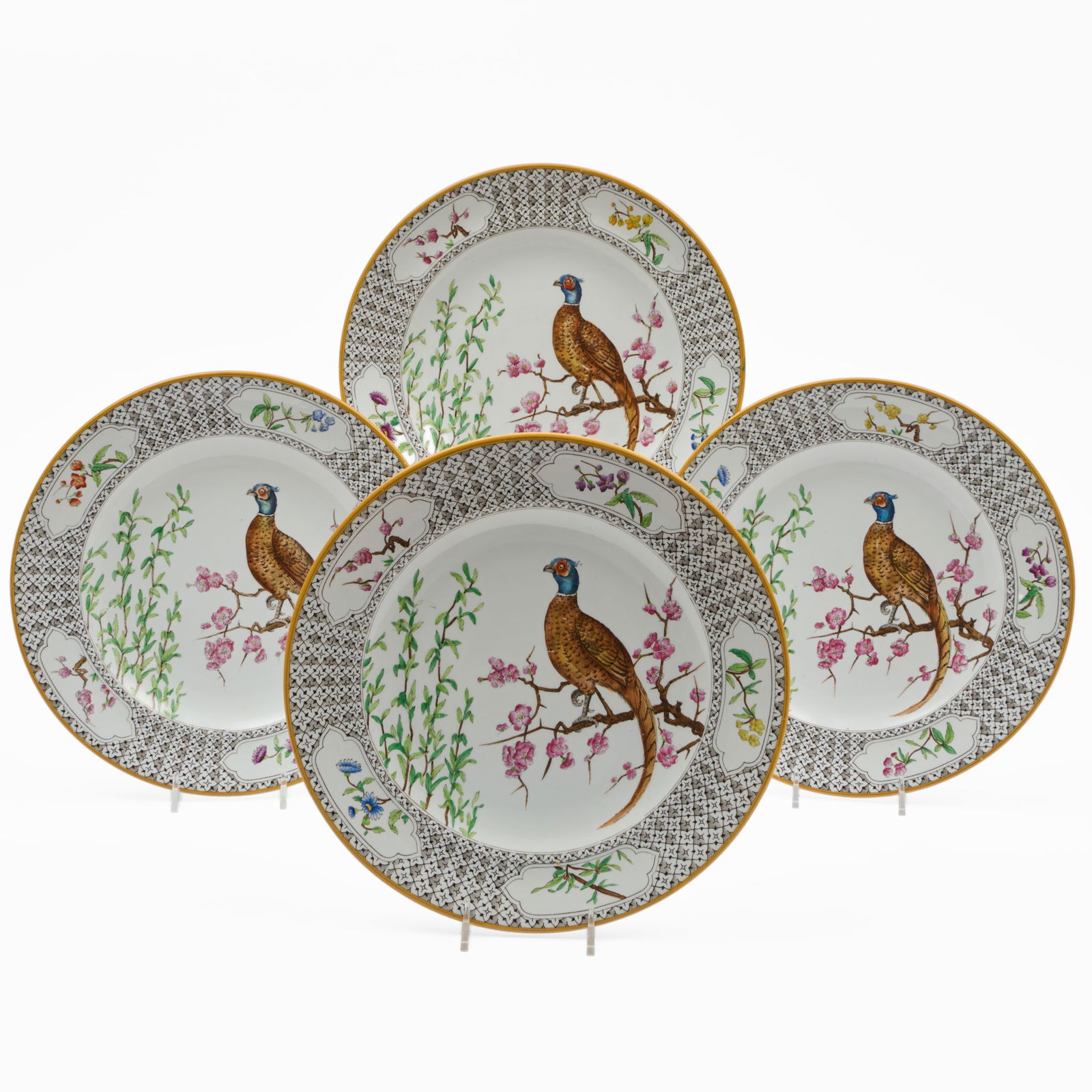 Set of Four Worcester Transfer Printed and Enriched Pheasant Dinner Plates: Set of Four Worcester Transfer Printed and Enriched Pheasant Dinner Plates Black printed mark. 10 5/8 in. diam.