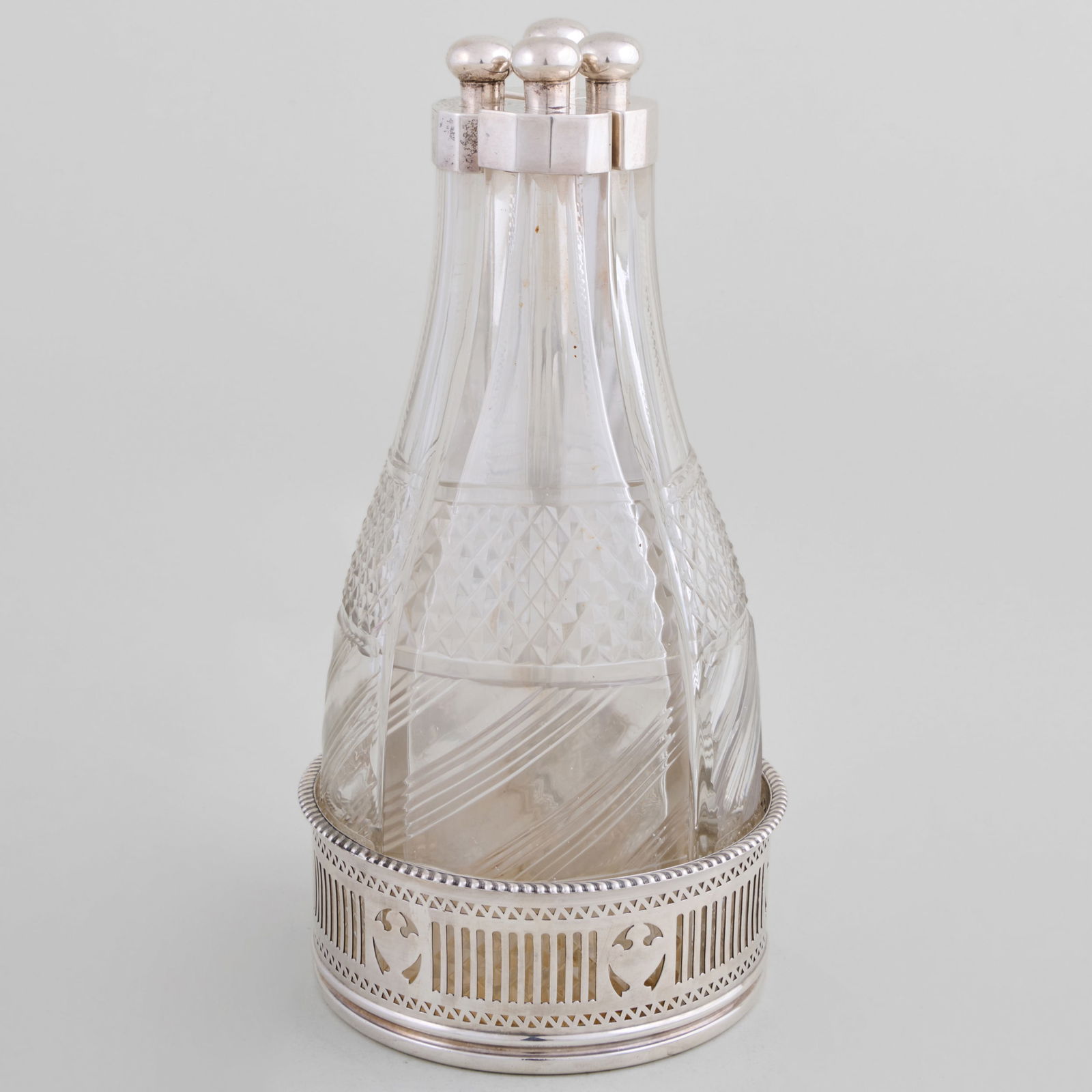 Gorham Silver Plate and Cut Glass Four-Piece Decanter Set: Gorham Silver Plate and Cut Glass Four-Piece Decanter Set 11 1/2 x 6 in. diam. The Collection of James M. Labaugh Antiques, Pound Ridge, NY.