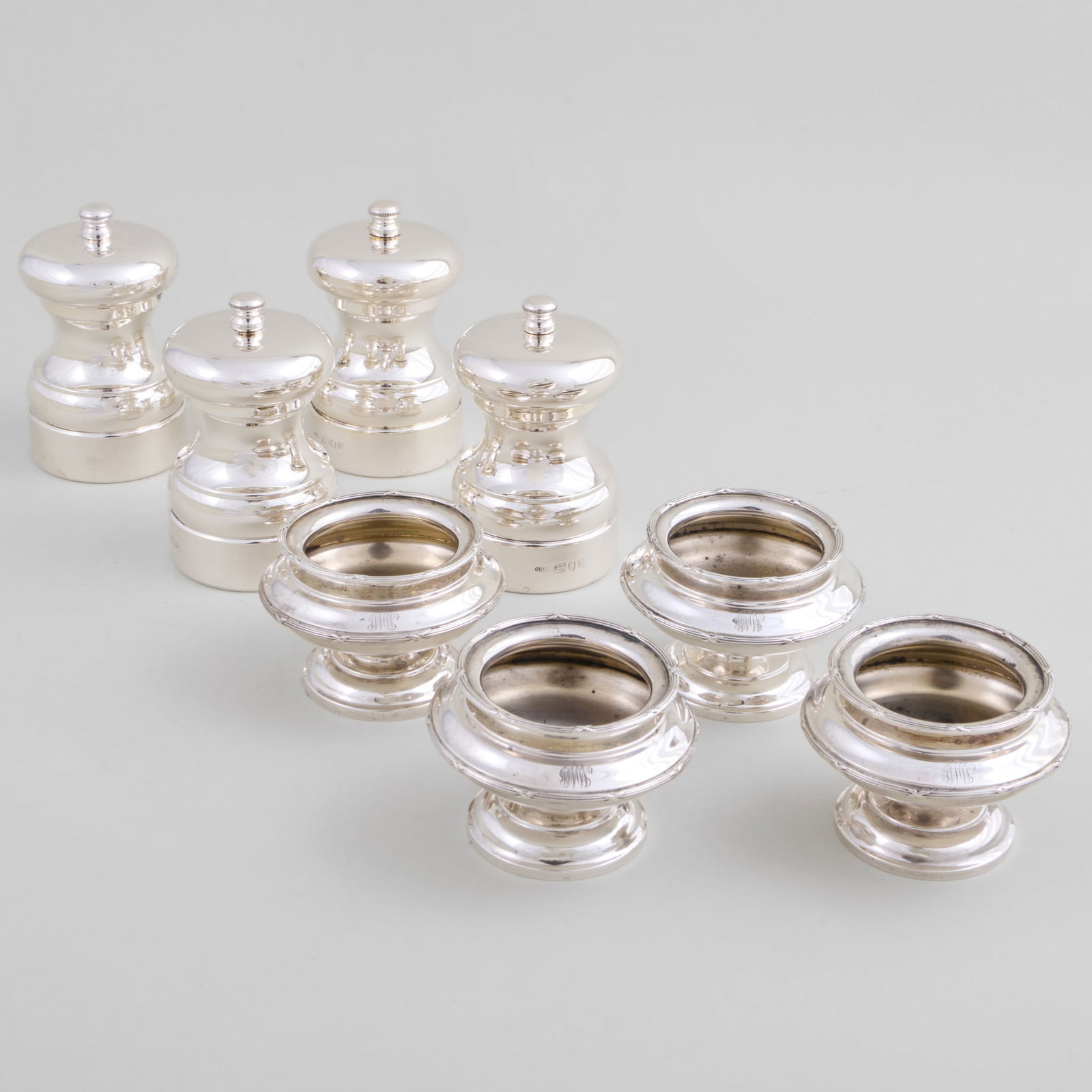 Set of Four Spaulding & Co. Silver Salt Cellars and a Set of Four Elizabeth II Silver Grinders (1 of 20)
