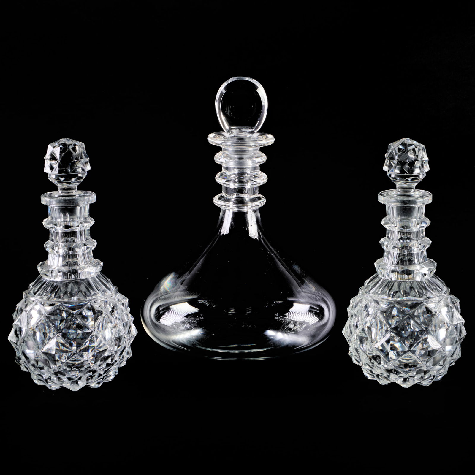 Large Glass Ship's Decanter and a Pair of Cut Glass Decanters (1 of 12)