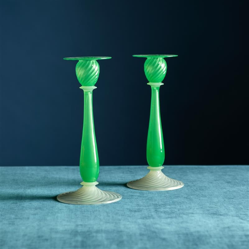 Pair of Steuben Jade Green and Alabaster Glass Candlesticks: Pair of Steuben Jade Green and Alabaster Glass Candlesticks Unmarked. 10 x 4 5/8 in. diam.