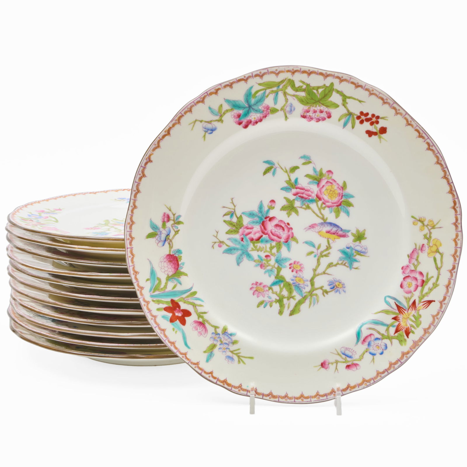 Set of Twelve Mintons Transfer Printed Dinner Plates Decorated with Birds: Set of Twelve Mintons Transfer Printed Dinner Plates Decorated with Birds Puce printed mark. 10 1/4 in. diam.