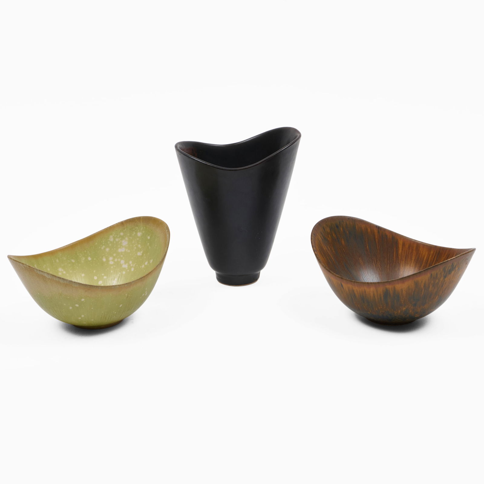 Group of Three Rorstrand Porcelain Vessels: Group of Three Rorstrand Porcelain Vessels Incised marks. Comprising: A Carl Harry Stalhane deep bowl with brown glaze A Gunnar Nylund 'Aro' bowl with speckled brown glaze A Gunnar Nylund 'Aro' bowl w
