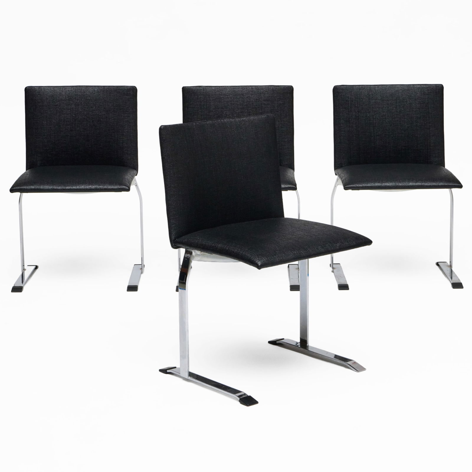 Set of Four Giovanni Offredi for Saporiti Chrome Side Chairs: Set of Four Giovanni Offredi for Saporiti Chrome Side Chairs Upholstered in a synthetic woven fabric. 33 x 21 1/2 x 18 1/2 in., seat height 19 in.