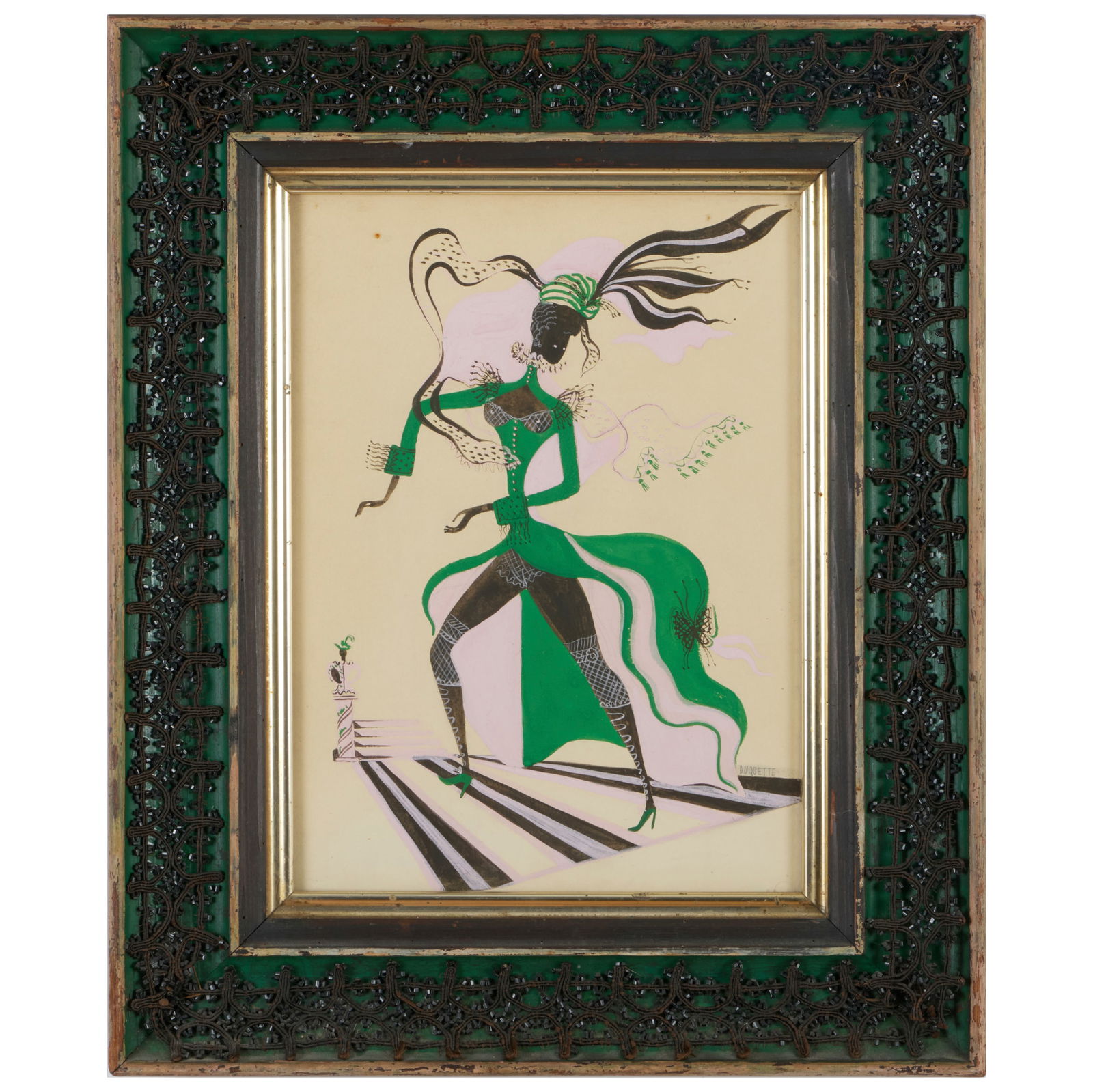 Attributed to Tony Duquette (1914-1999): Figure: Attributed to Tony Duquette (1914-1999): Figure Gouache on paper mounted on board, signed 'Duquette' lower right. 14 1/2 x 10 1/2 in. (sheet), 21 x 17 in. (frame).