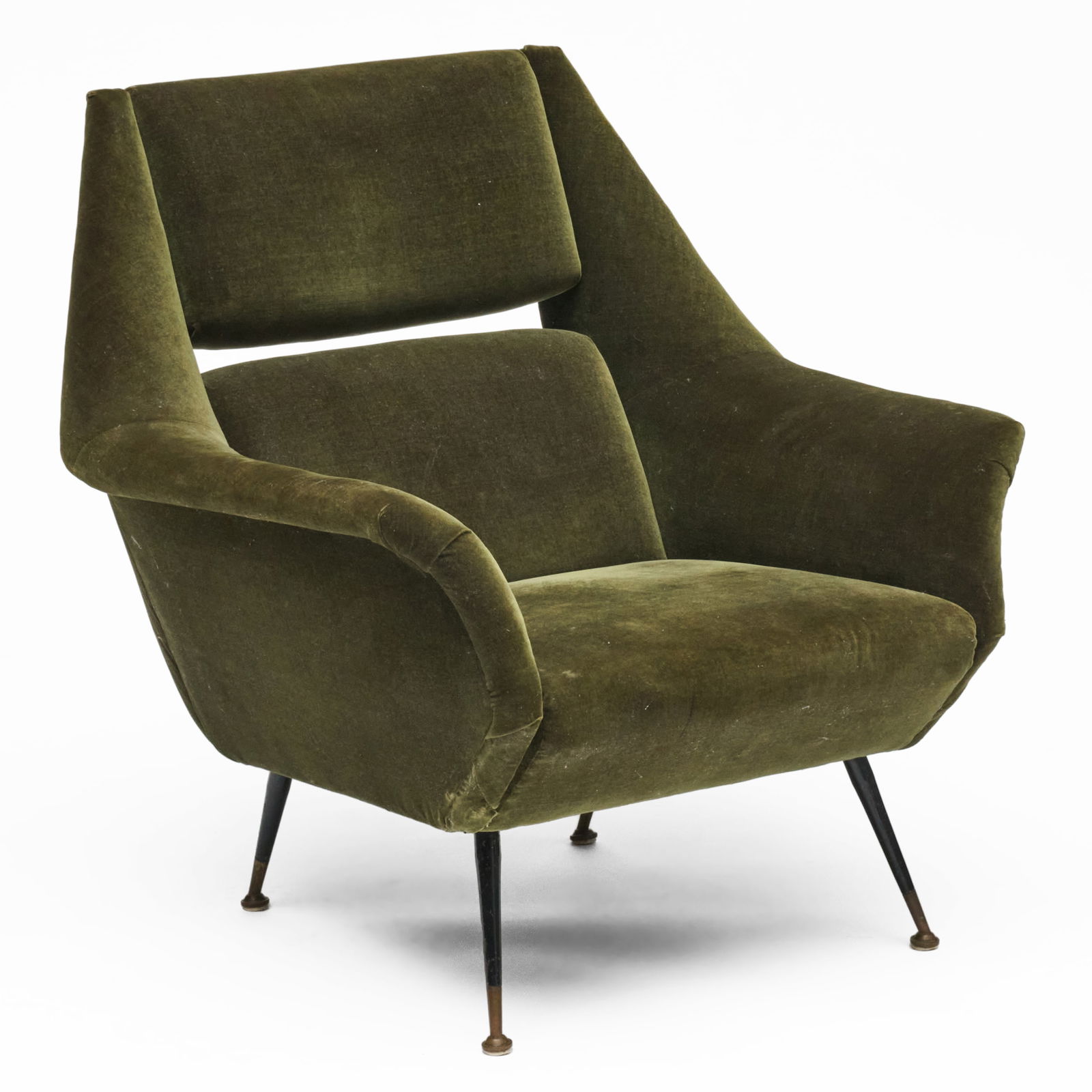 Italian Green Velvet Upholstered and Painted Metal Lounge Chair: Italian Green Velvet Upholstered and Painted Metal Lounge Chair Fitted with brass feet. 34 1/2 x 35 1/2 x 33 1/2 in., seat height 15 1/2 in.