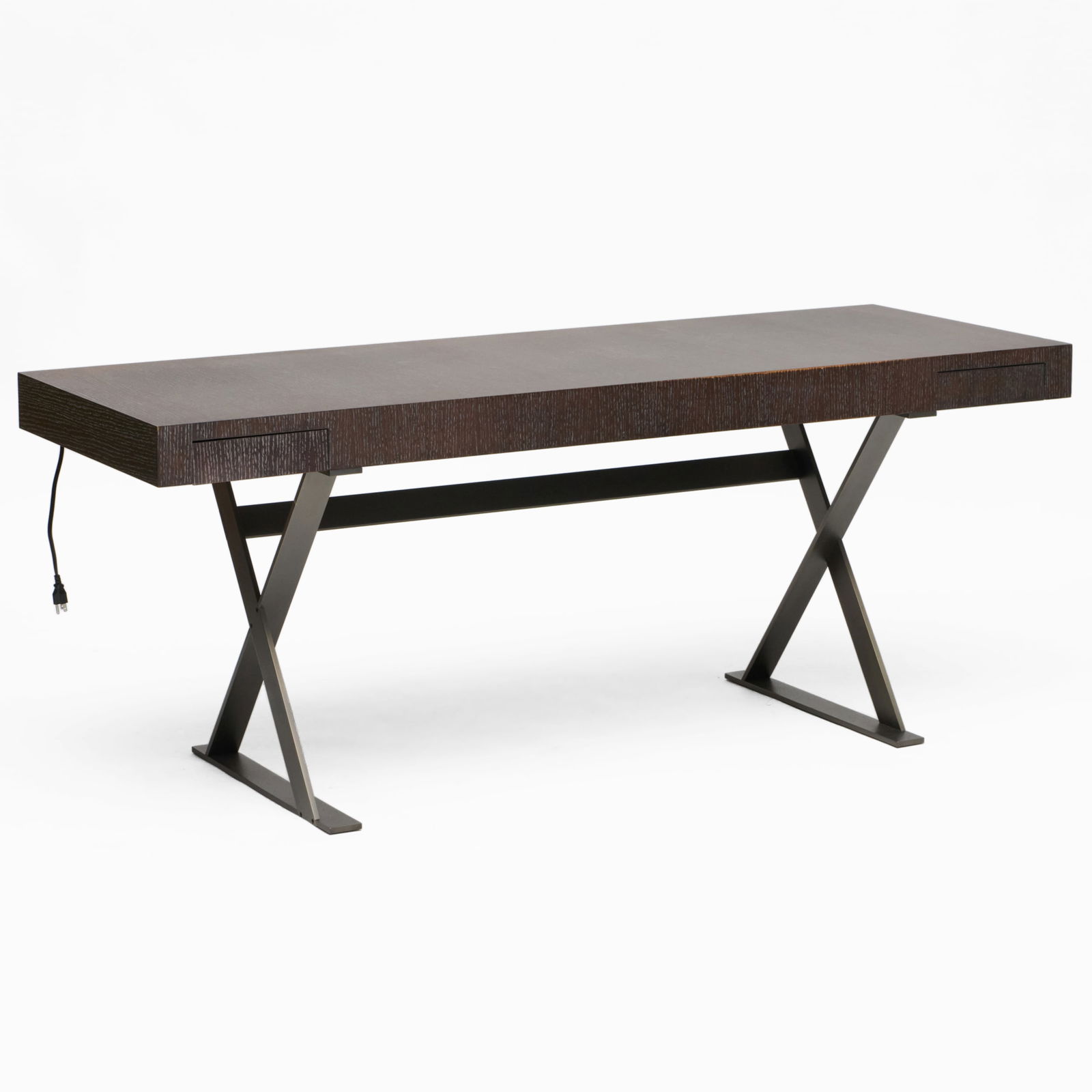 Antonio Citterio for B&B Italia Cerused Oak and Bronze Desk: Antonio Citterio for B&B Italia Cerused Oak and Bronze Desk Fitted with two short drawers and a metal electrical cord strip on the reverse. 29 x 5 ft. 11 in. x 27 in.