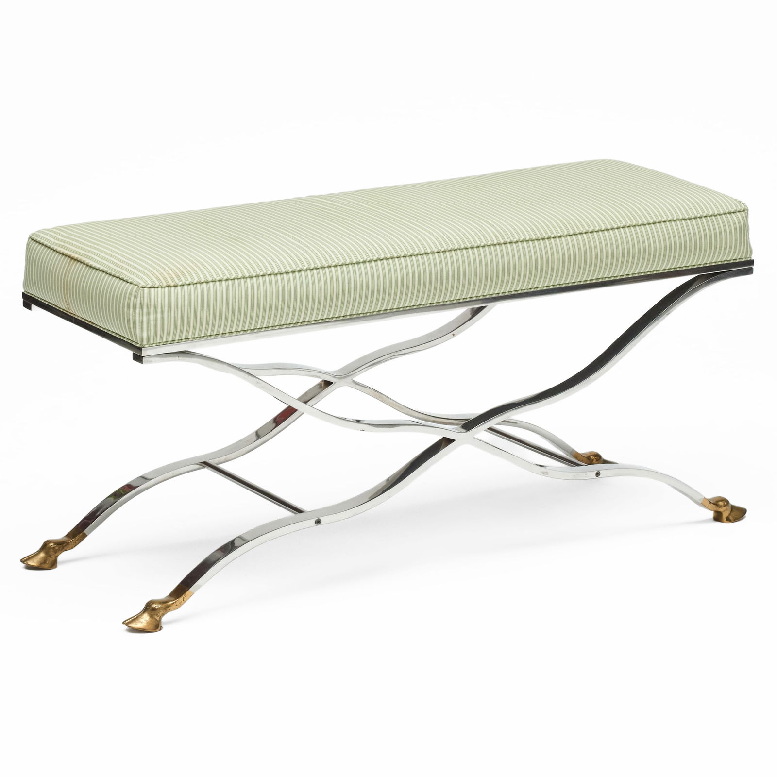 Maison Jansen Stainless Steel and Brass Upholstered Bench: Maison Jansen Stainless Steel and Brass Upholstered Bench 20 1/2 x 45 x 15 1/2 in. A New York Interior Designed by Robert Couturier.