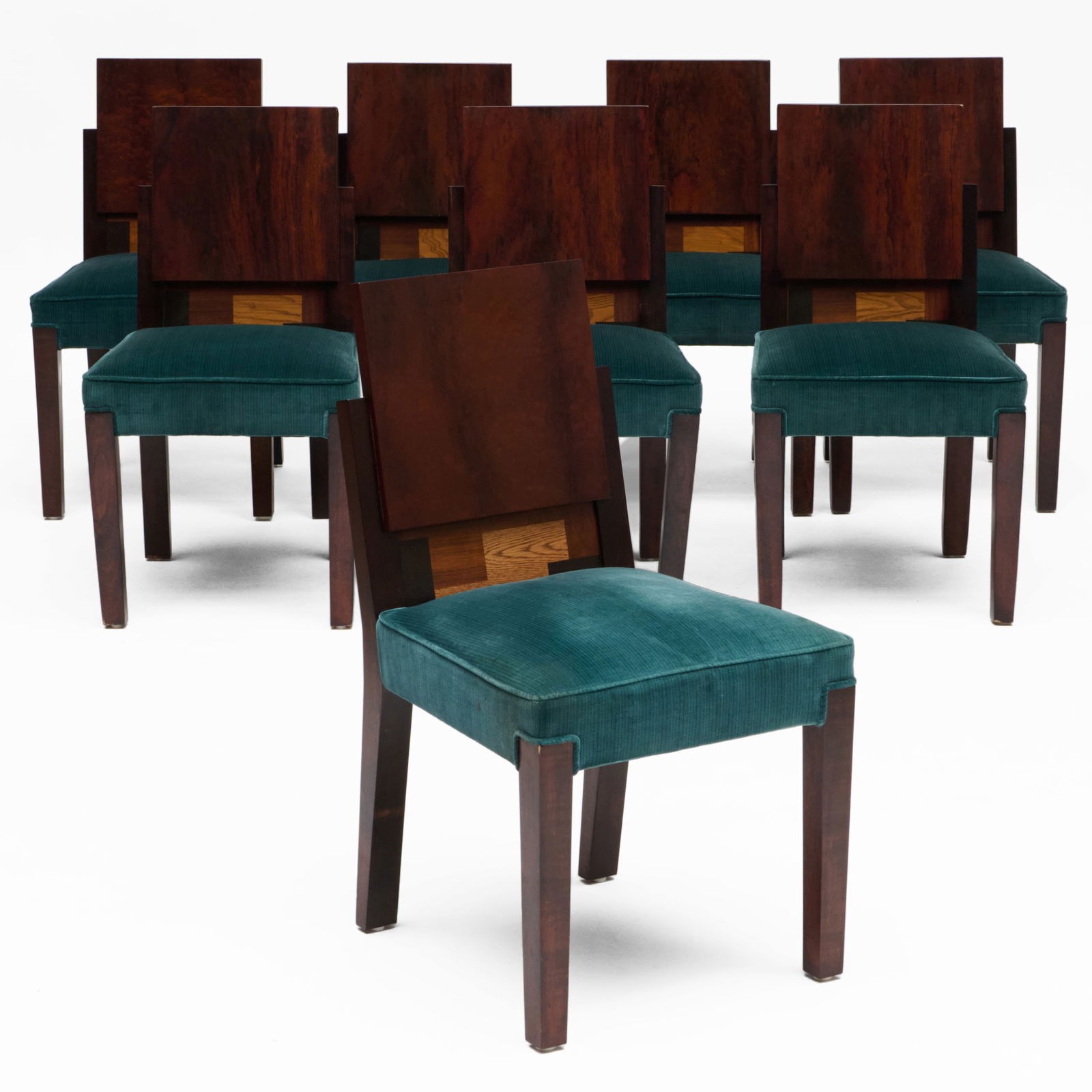 Set of Eight French Deconstructivist Various Wood Dining Chairs: Set of Eight French Deconstructivist Various Wood Dining Chairs Upholstered in Clarence House velvet fabric. 34 x 18 3/4 x 21 in., seat height 18 in.