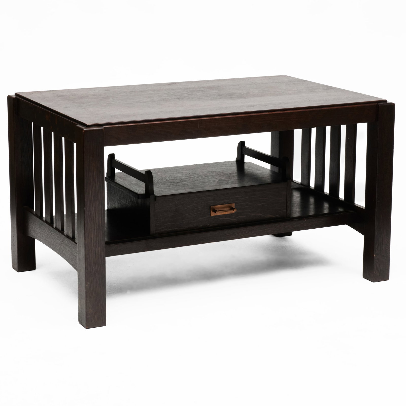 Mission Oak Library Table with Unusual Lower Drawer: Mission Oak Library Table with Unusual Lower Drawer 28 1/4 x 4 ft. 2 x 32 in.