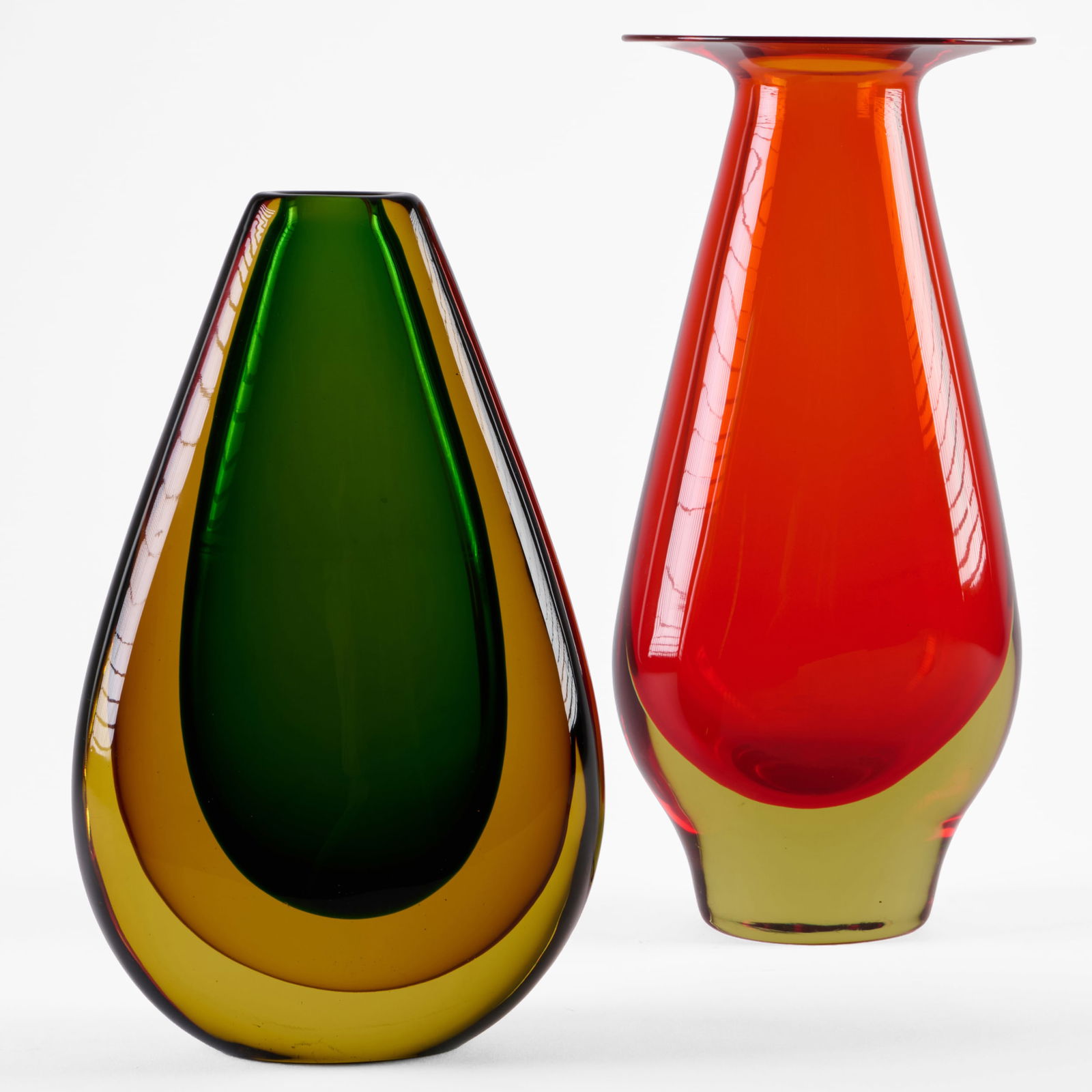 Two Flavio Poli for Seguso Sommerso Glass Vases: Two Flavio Poli for Seguso Sommerso Glass Vases Unmarked. The vase with everted rim 14 3/4 x 6 1/2 x 4 in., the teardrop vase 12 1/2 x 7 1/2 x 3 1/4 in.