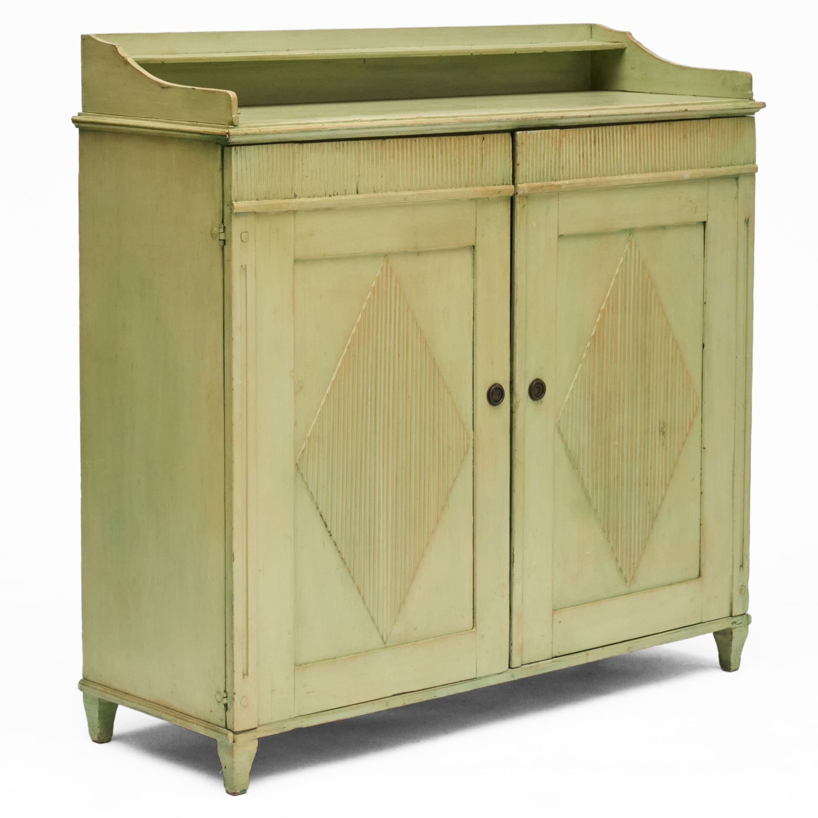Scandinavian Provincial Green Painted Side Cabinet: Scandinavian Provincial Green Painted Side Cabinet Fitted with three drawers and two shelves. 4 ft. 2 in. x 4 ft. 3 1/2 x 18 3/4 in. The Collection of Joel Shapiro.