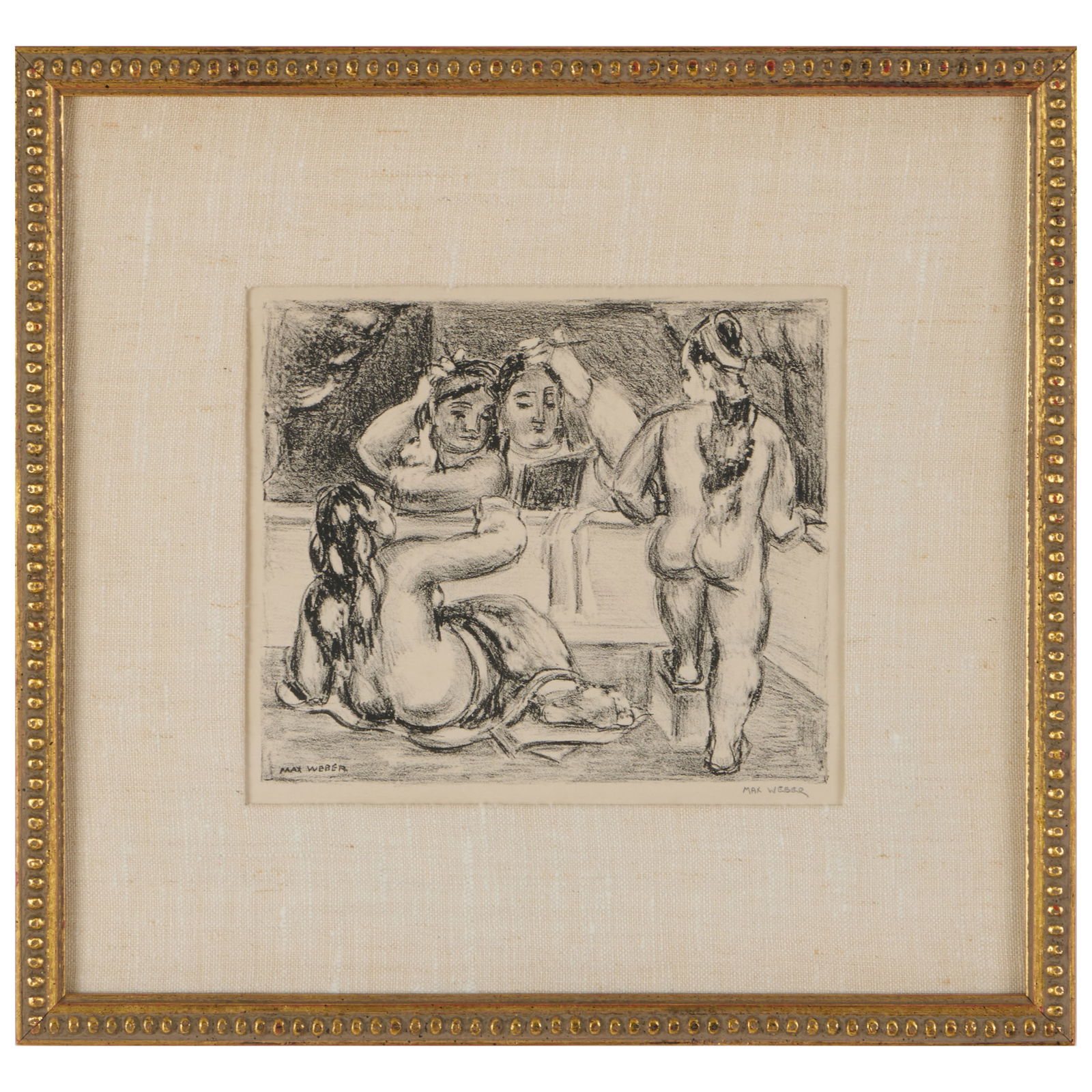 Max Weber (1881-1961): The Balcony: Max Weber (1881-1961): The Balcony Lithograph in black on Rives, 1929, signed in pencil, variously inscribed in another hand at the bottom sheet edge. 10 1/2 x 11 1/2 in. (sheet), 15 x 16 in. (frame).