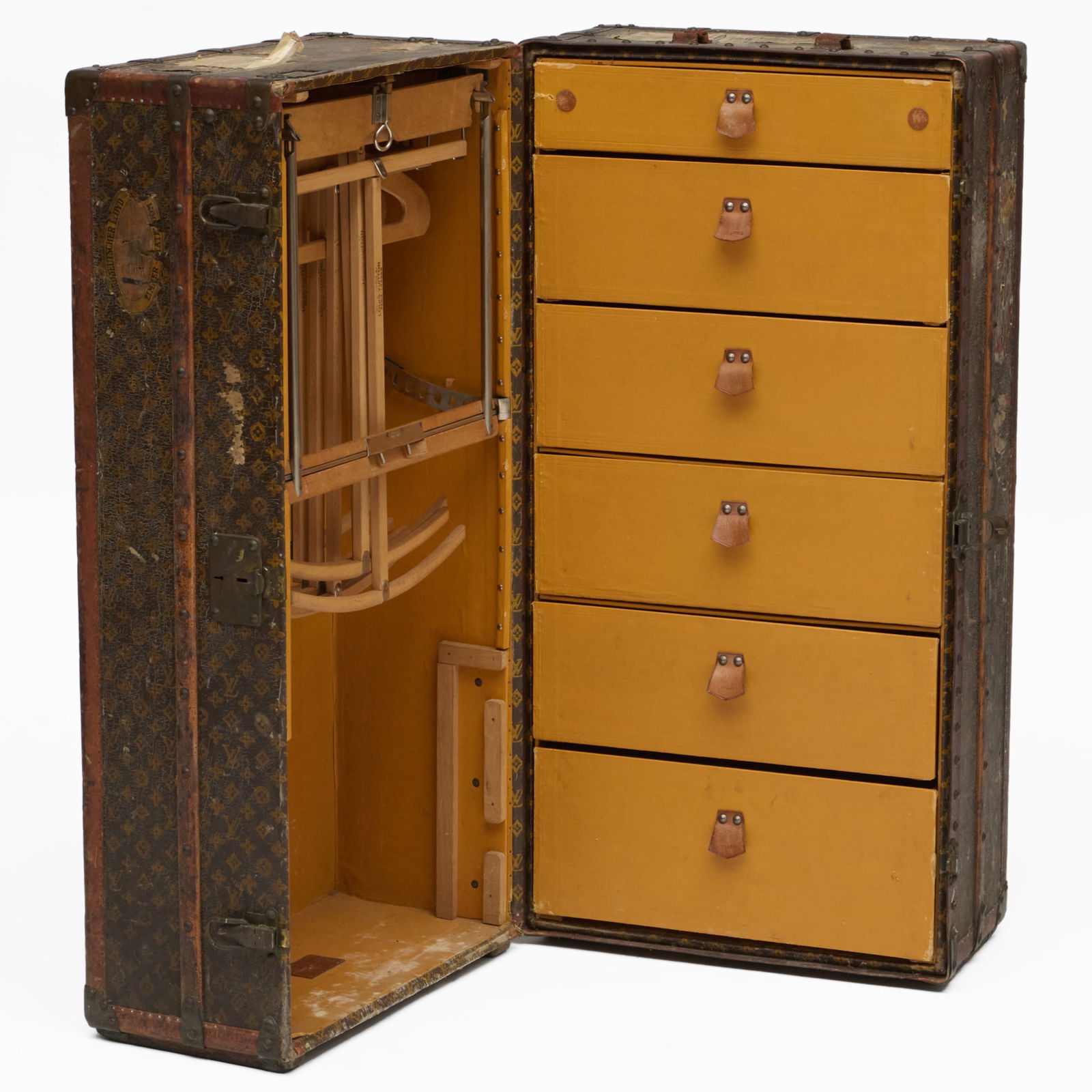 Louis Vuitton Wood and Leather Wardrobe Steamer Trunk: Louis Vuitton Wood and Leather Wardrobe Steamer Trunk Initials. Marked on the clasp of the central lock, Louis Vuitton, Paris, London, 149 New Bond Street, #055497. With a fitted interior. 44 x 22 x 2