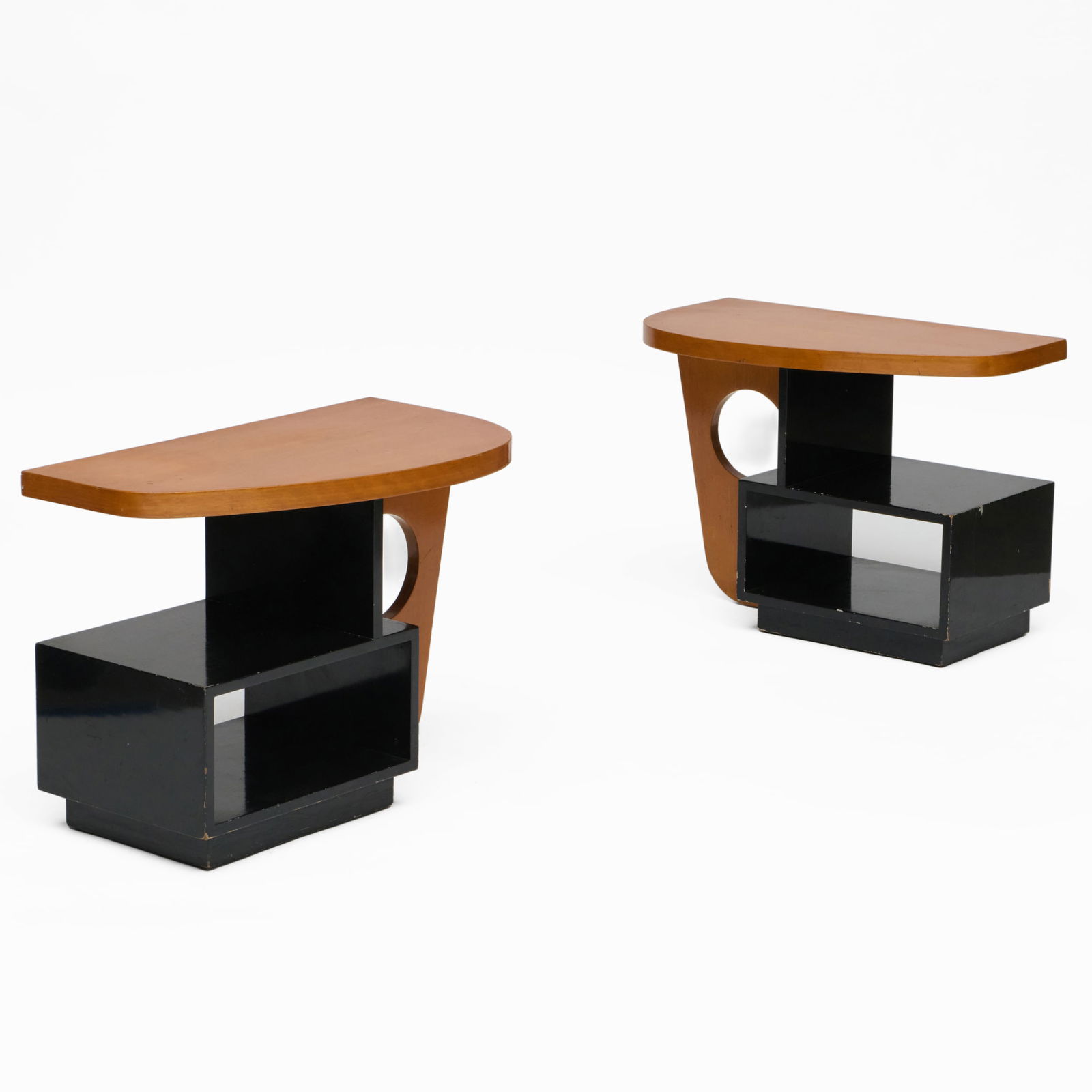 Pair of Moderne Maple and Black Painted End Tables: Pair of Moderne Maple and Black Painted End Tables Sotheby's Arcade label on one. 21 3/4 x 30 x 16 1/4 in.