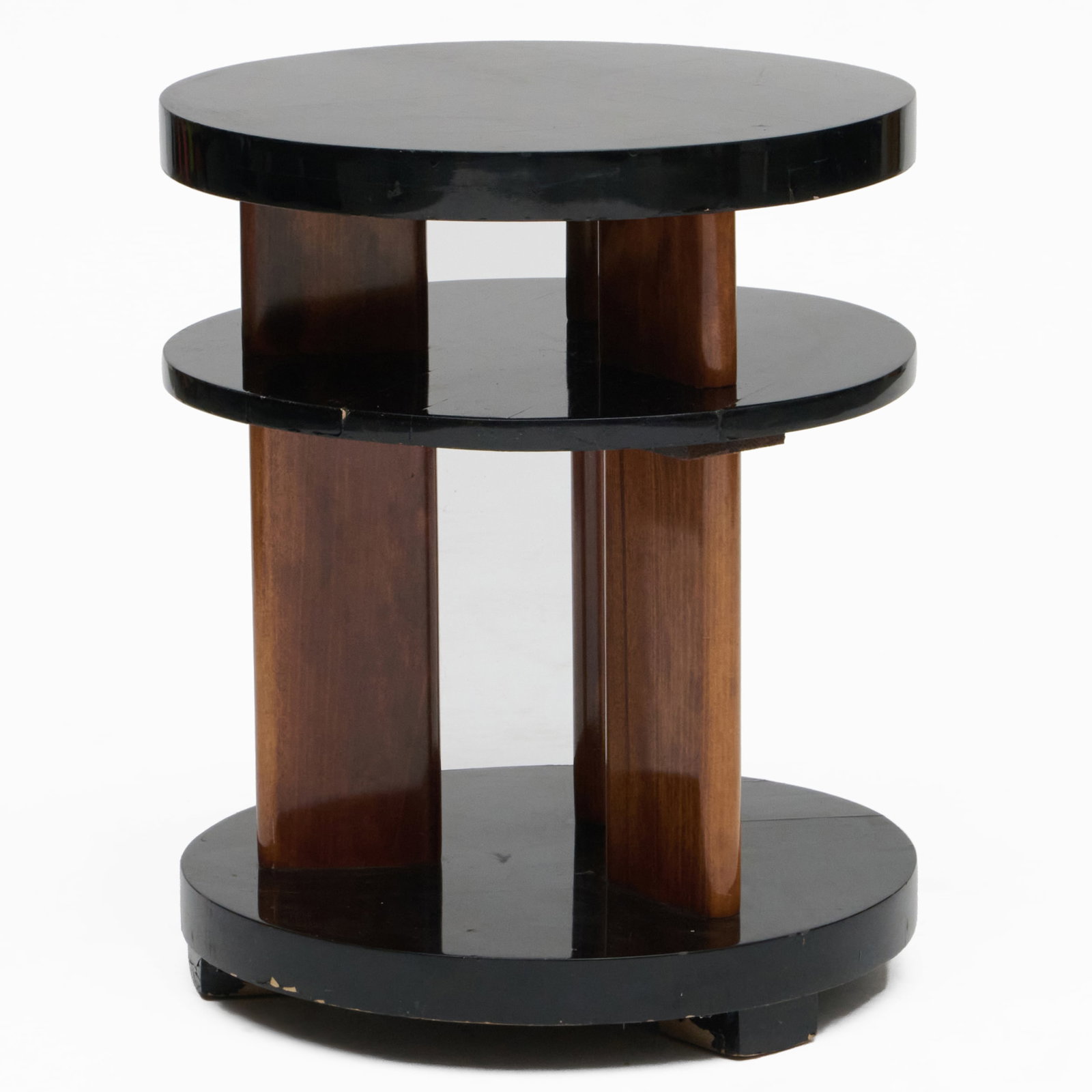 Black Lacquer and Wood Three-Tier Table: Black Lacquer and Wood Three-Tier Table 22 x 18 1/4 in. diam.