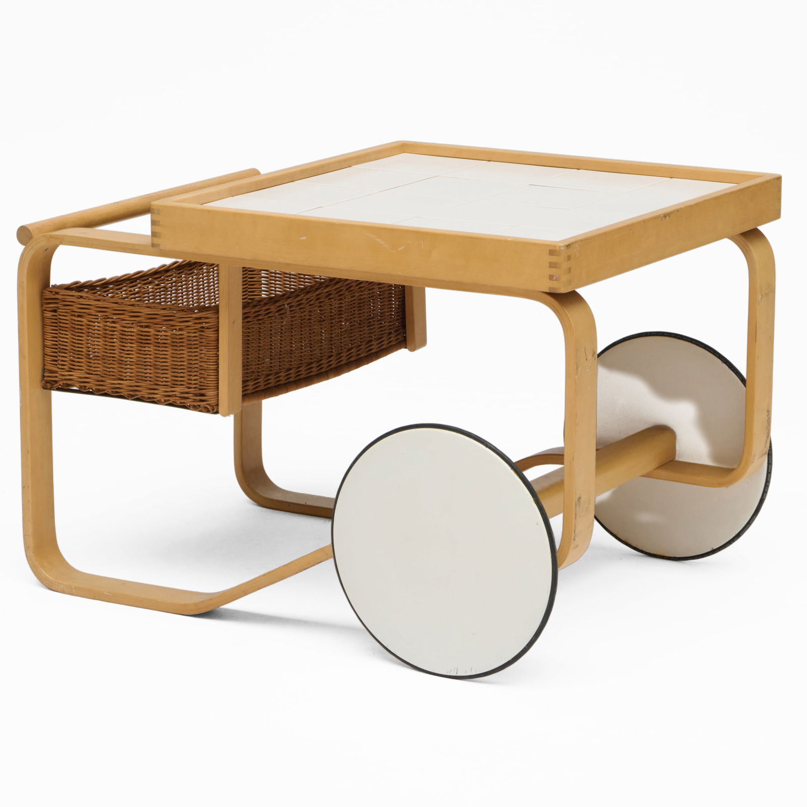 Alvar Aalto for Artek Model 900 Maple and Ceramic Tile Tea Cart: Alvar Aalto for Artek Model 900 Maple and Ceramic Tile Tea Cart With white laminate wheels. 23 1/2 x 25 1/2 x 36 in.