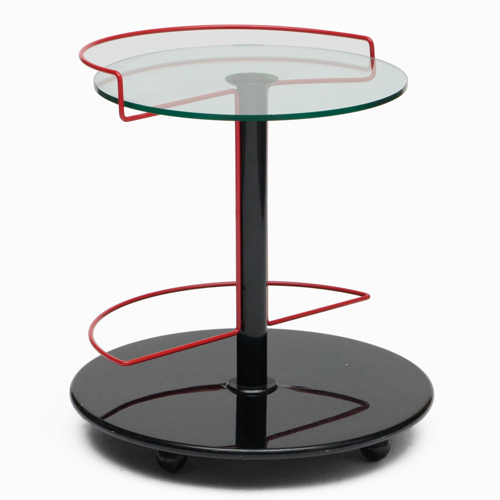 Michel Dumas for Roche Bobois Bar Cart: Michel Dumas for Roche Bobois Bar Cart Glass and painted metal and wood, raised on casters. 25 3/4 x 23 1/2 in. diam.