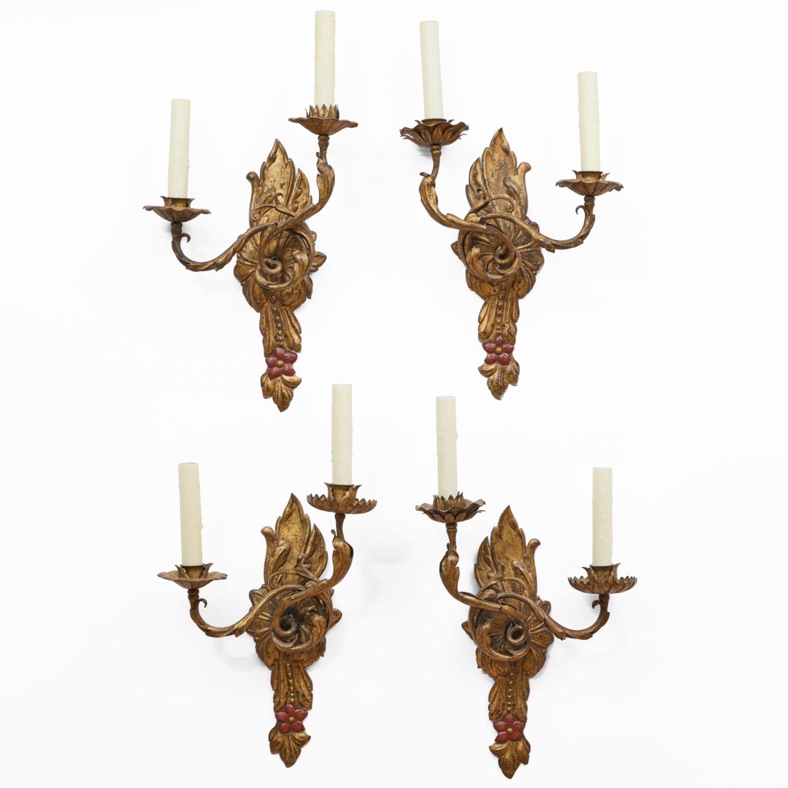 Set of Four Continental Gilt-Metal Two Light Sconces, Possibly German (1 of 7)