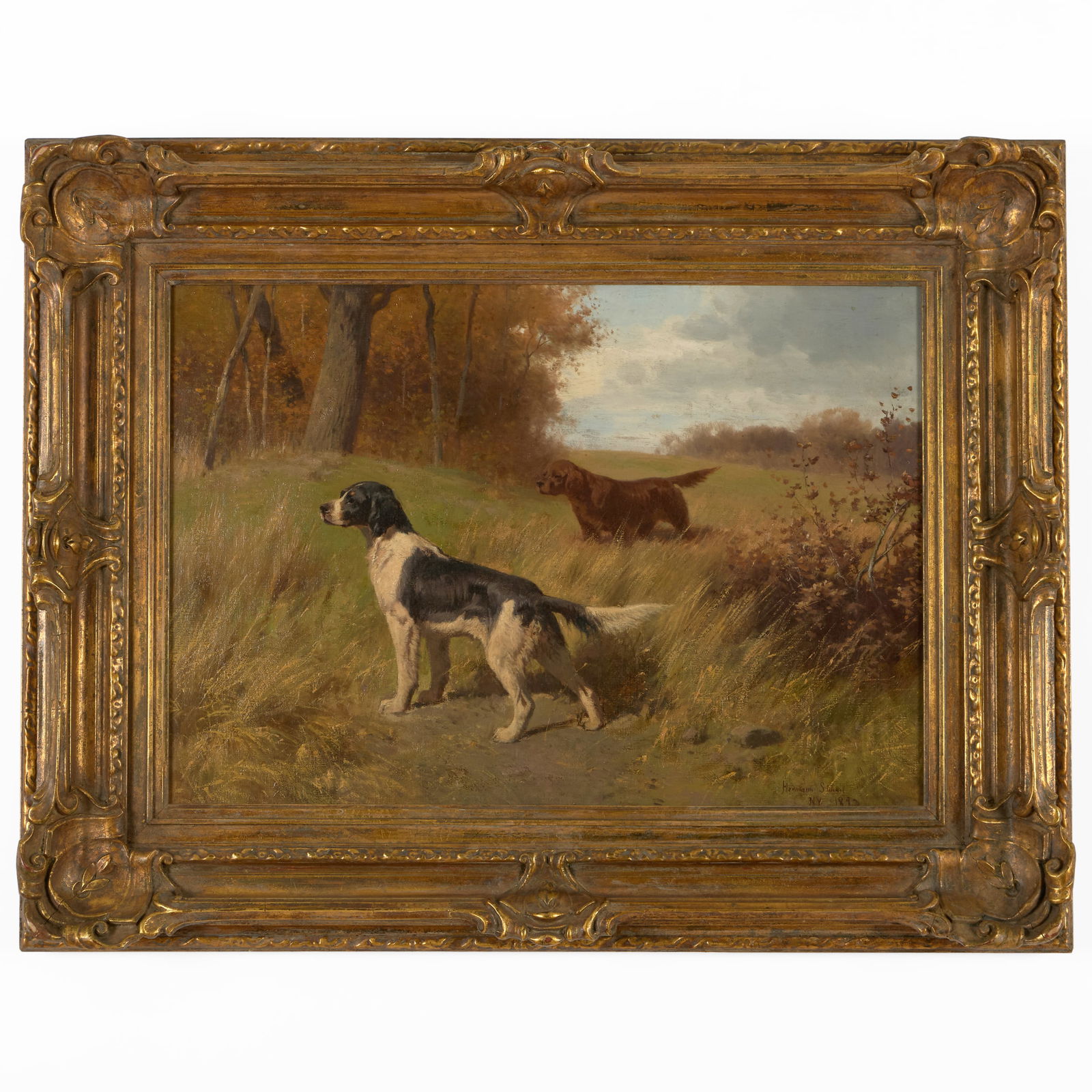 Hermann Gustave Simon (1846-1895): Setters in a Landscape: Hermann Gustave Simon (1846-1895): Setters in a Landscape Oil on canvas, 1893, signed 'Hermann Simon', dated and inscribed 'NY' lower right, lined. 14 x 20 in. 19 7/8 x 26 7/8 in. (frame). Sold Sotheb