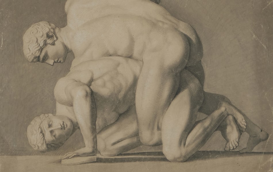 Continental School: Wrestlers: Continental School: Wrestlers Black and white chalk and wash on paper, unsigned. 14 x 16 7/8 in. (sheet), 21 7/8 x 23 3/4 in. (frame). Sold Northeast Auctions, November 2, 2002, part Lot 105. Private