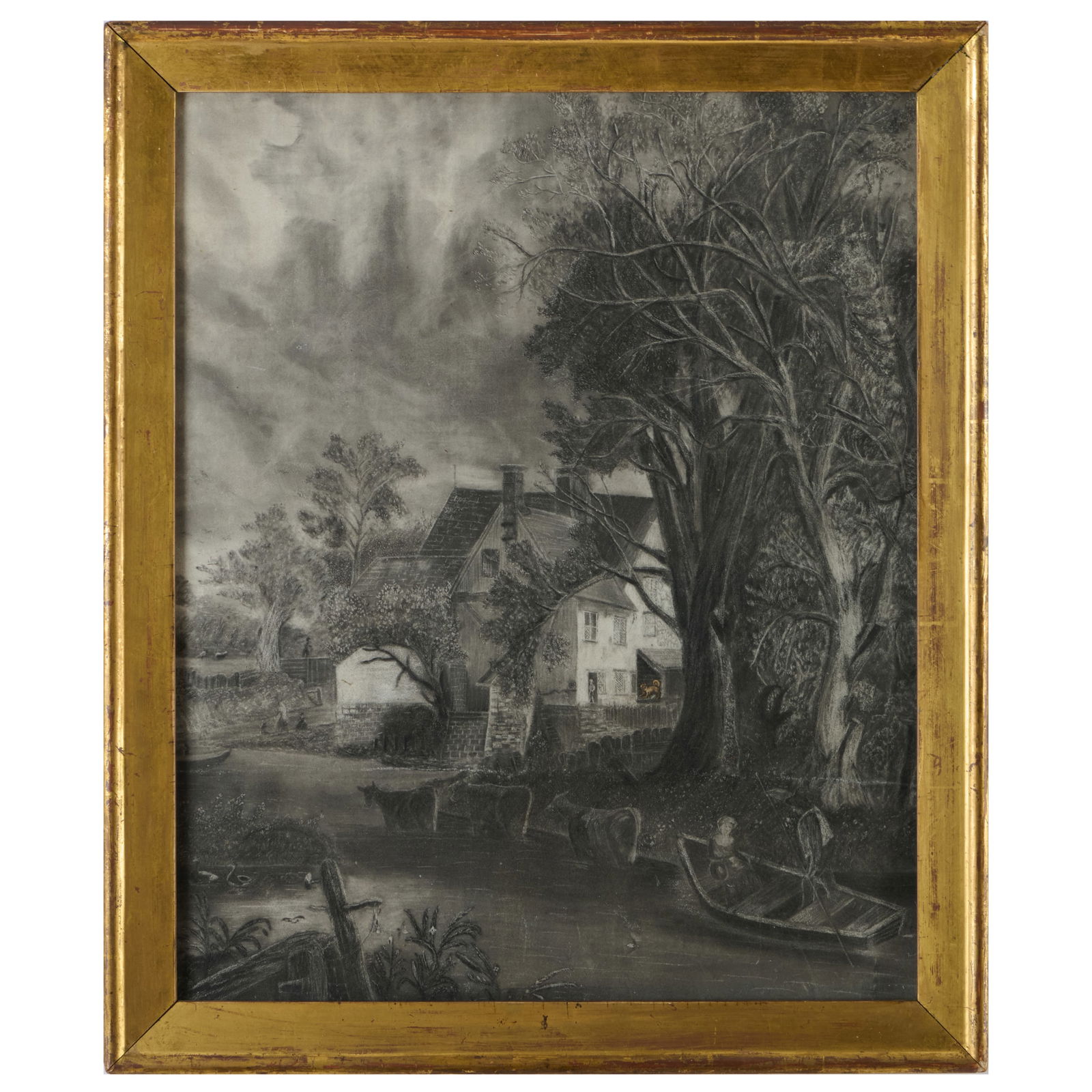 American School: House by the River: American School: House by the River Charcoal and chalk on paper with collage addition, unsigned. 17 1/2 x 14 1/4 in. (sight), 20 1/2 x 17 1/4 in. (frame).