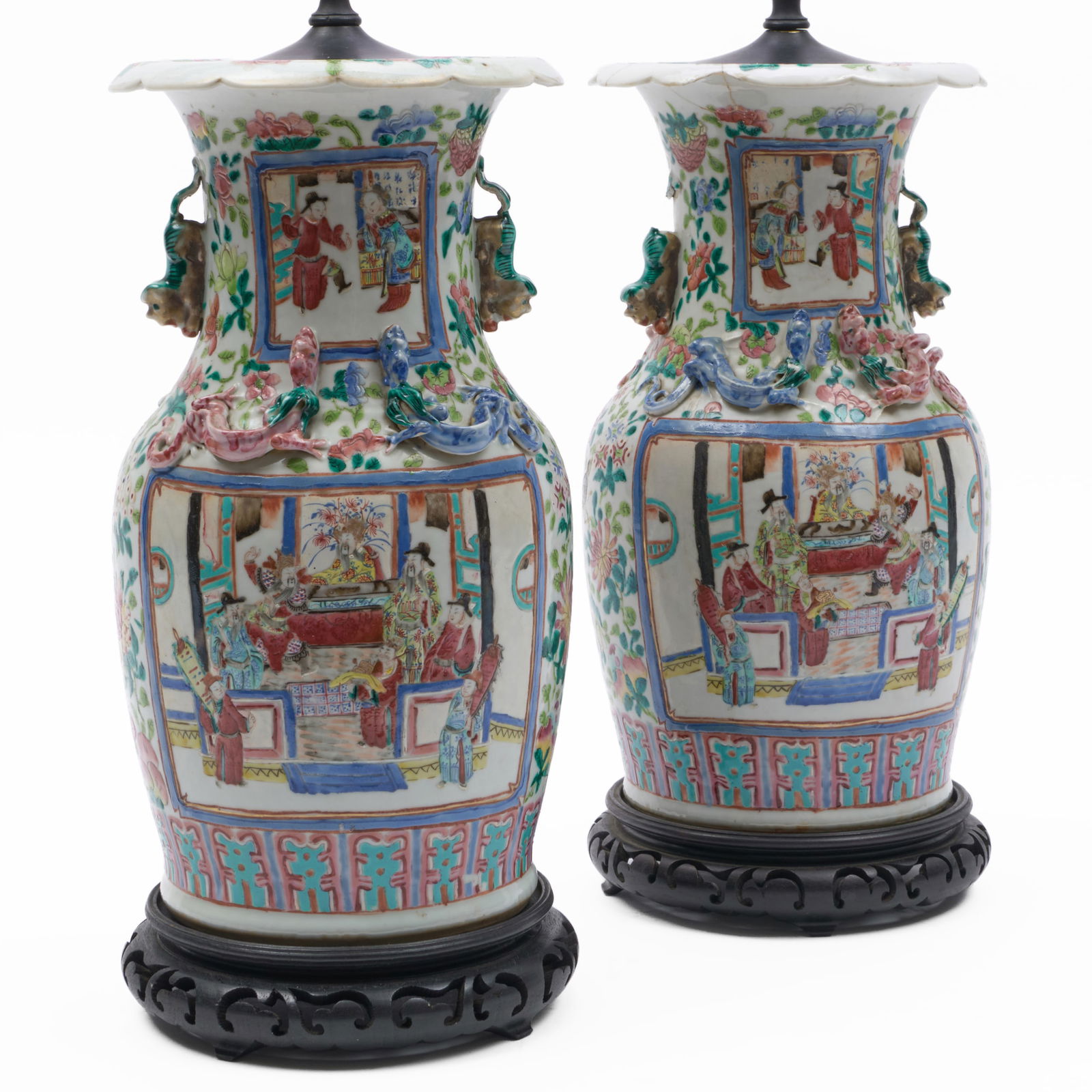 Two Chinese Export Famille Rose Porcelain Vases Mounted as Lamps: Two Chinese Export Famille Rose Porcelain Vases Mounted as Lamps 21 x 8 in. diam. (to socket).