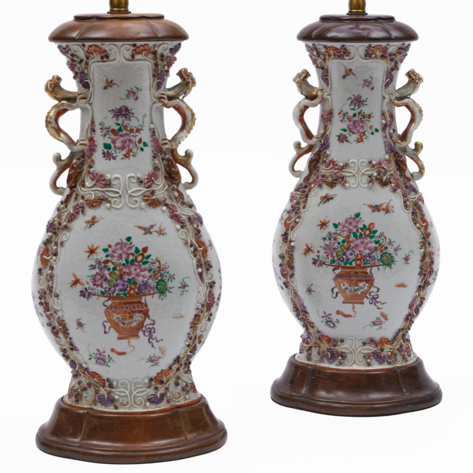 Pair of Chinese Export Mandarin Palette Porcelain Baluster Jars Mounted as Lamps