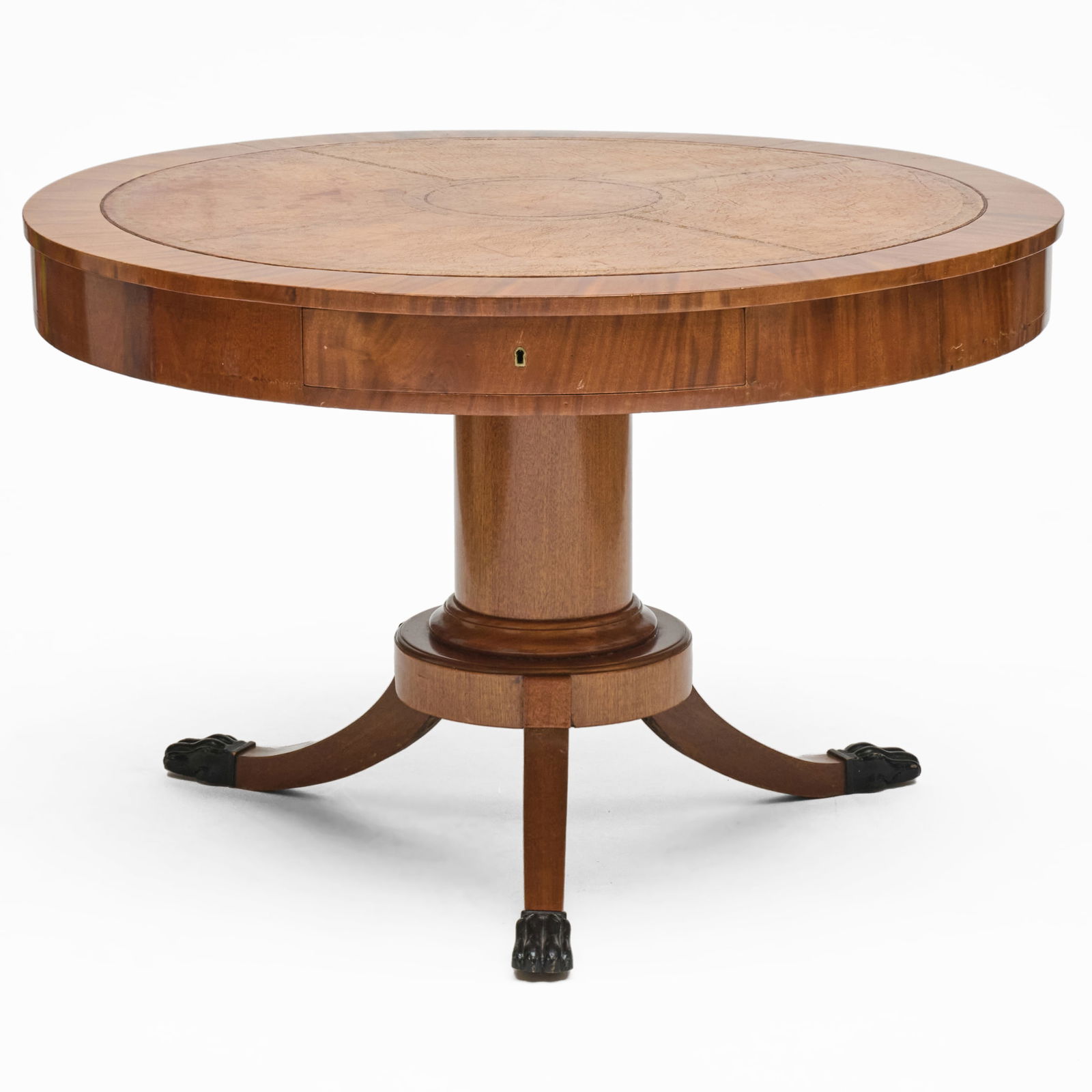 Continental Neoclassical Style Mahogany and Gilt-Tooled Leather Drum Table, North European : Continental Neoclassical Style Mahogany and Gilt-Tooled Leather Drum Table, North European 28 1/4 x 43 1/2 in. diam.