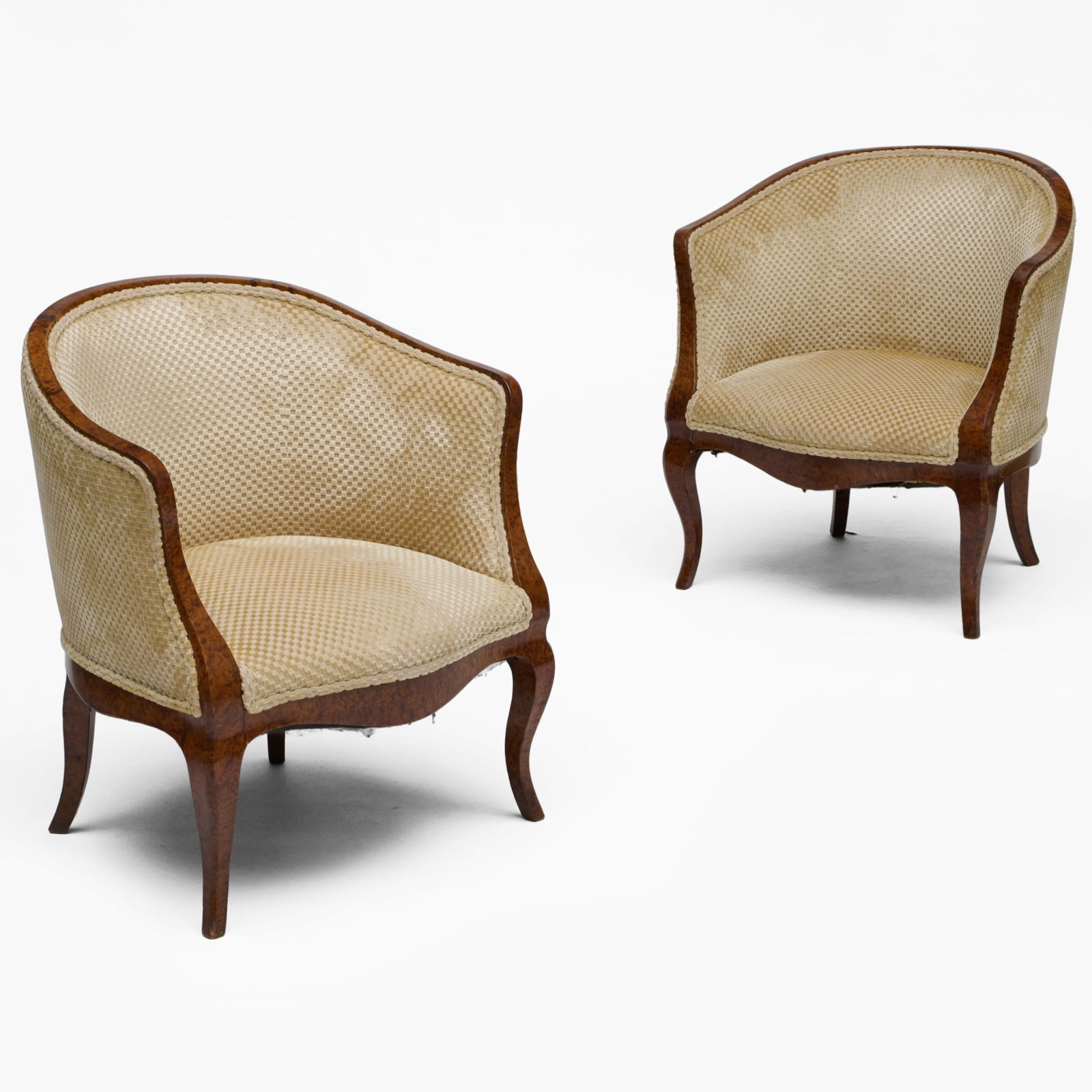 Pair of Continental Burl Walnut and Silk Velvet Upholstered Tub Chairs: Pair of Continental Burl Walnut and Silk Velvet Upholstered Tub Chairs 29 3/4 x 28 x 24 in., seat height 15 1/2 in.