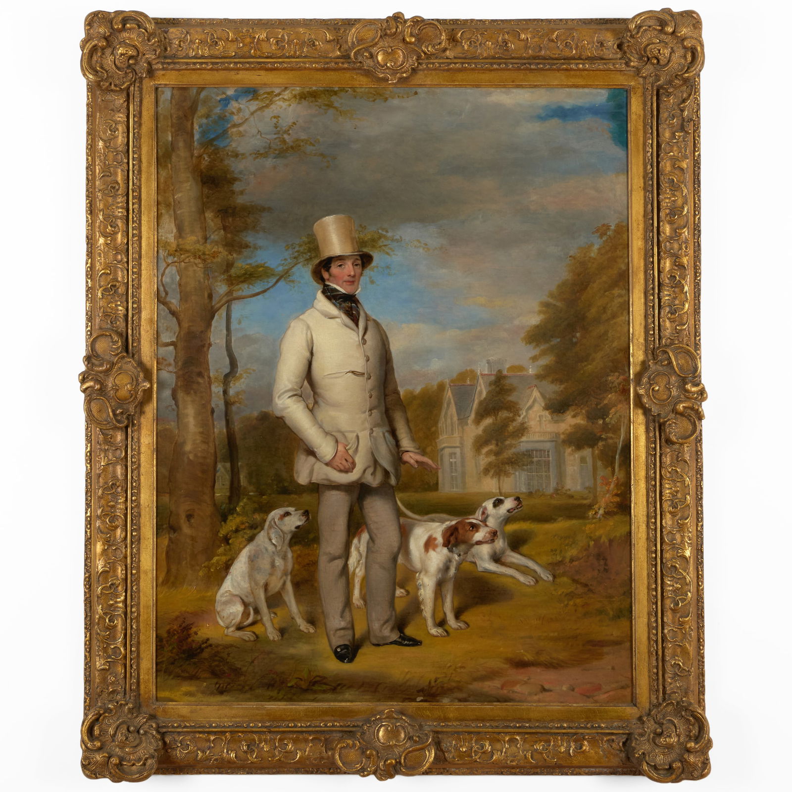 English School: Gentlemen and Hounds at a Country Estate: English School: Gentlemen and Hounds at a Country Estate Oil on canvas, unsigned, lined. 35 x 27 in., 43 x 35 in. (frame).