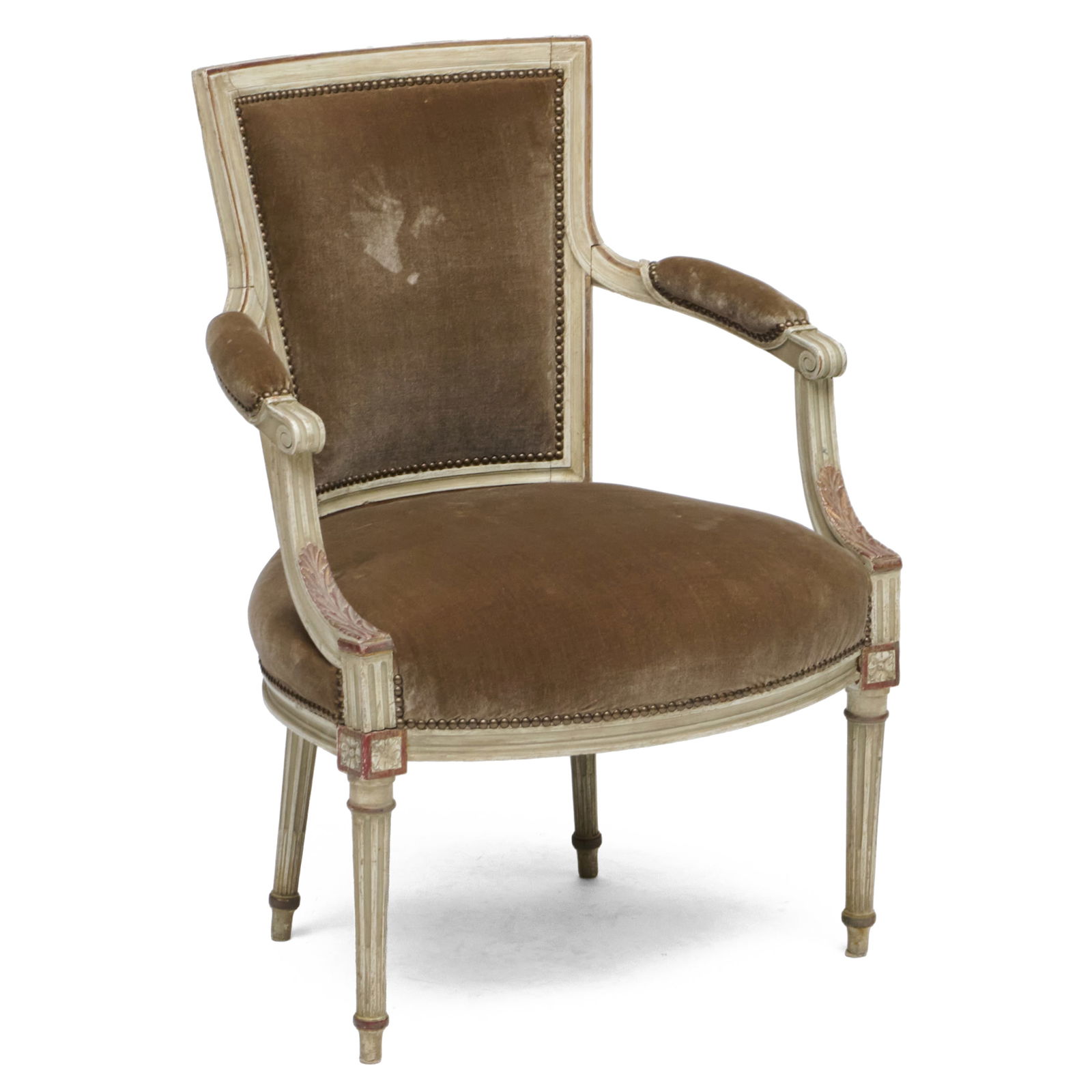 Louis XVI Style Painted Fauteuil en Cabriolet: Louis XVI Style Painted Fauteuil en Cabriolet Upholstered in velvet fabric. 34 x 24 x 24 1/2 in., seat height 16 1/2 in.