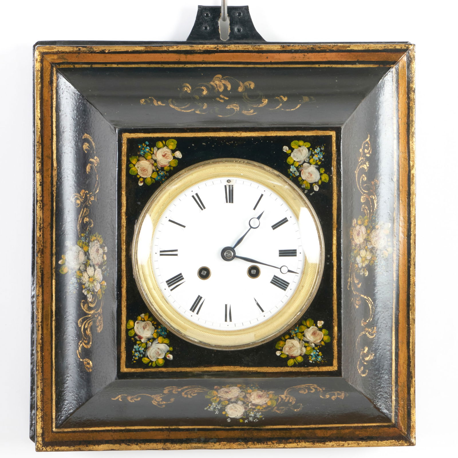 Victorian Black Painted and Parcel-Gilt Floral Wall Clock: Victorian Black Painted and Parcel-Gilt Floral Wall Clock 14 x 12 in. A New York Interior Designed by Robert Couturier.