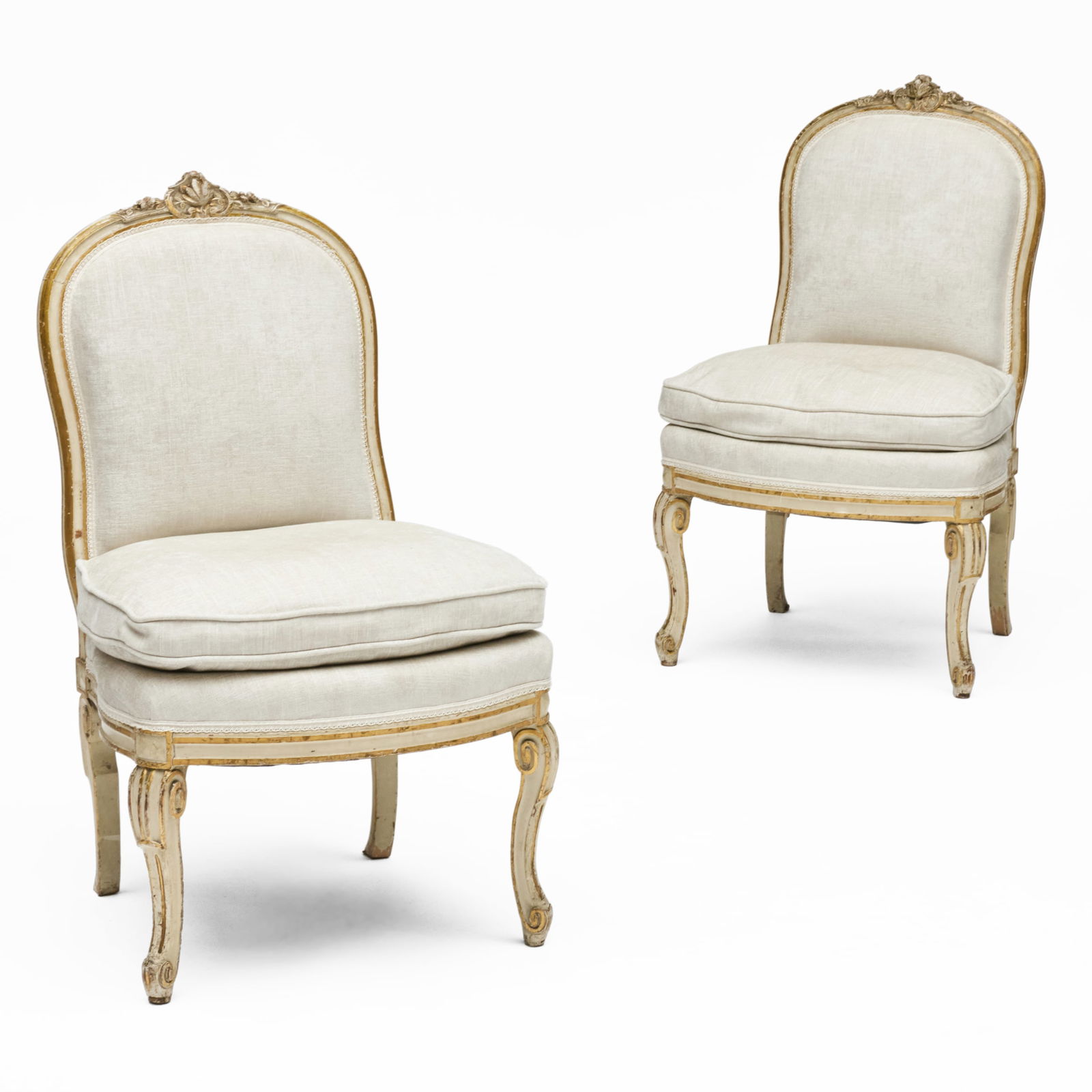 Pair of Louis XV Style Painted and Parcel-Gilt Chaises: Pair of Louis XV Style Painted and Parcel-Gilt Chaises Upholstered in white chenille. 35 3/4 x 22 x 25 in., seat height 18 in.
