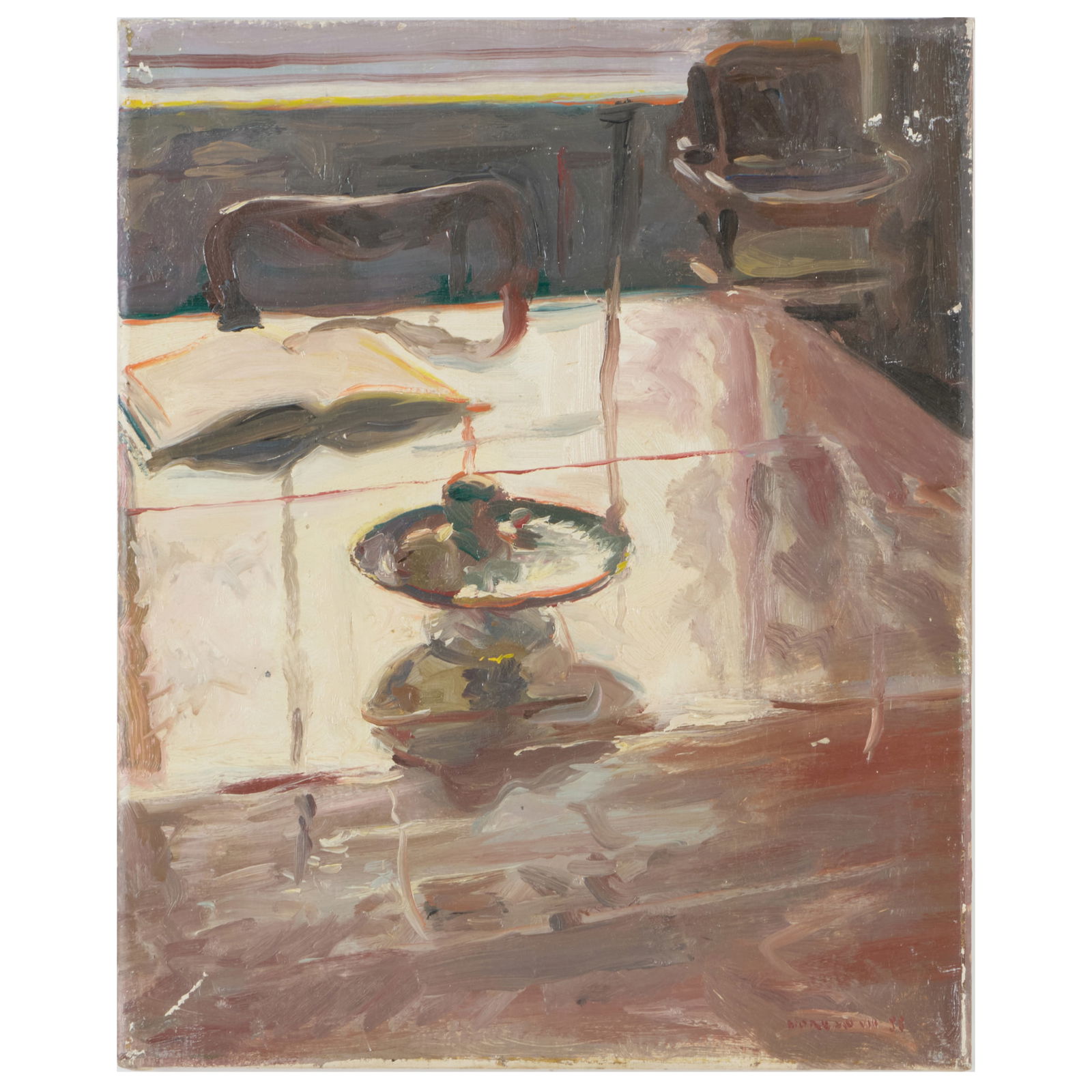 Howard Morgan (1949-2020): Table in an Interior: Howard Morgan (1949-2020): Table in an Interior Oil on canvas, 1988, signed 'Morgan', dated and indistinctly inscribed lower right. 16 x 13 in., unframed.