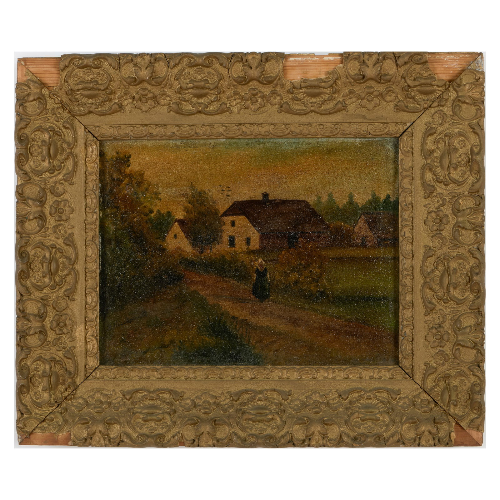 Northern European School: Woman Walking on Village Road: Northern European School: Woman Walking on Village Road Oil on canvas, indistinctly signed lower left. 9 x 11 3/4 in., 14 1/4 x 17 in. (frame). Private Collection, New York.