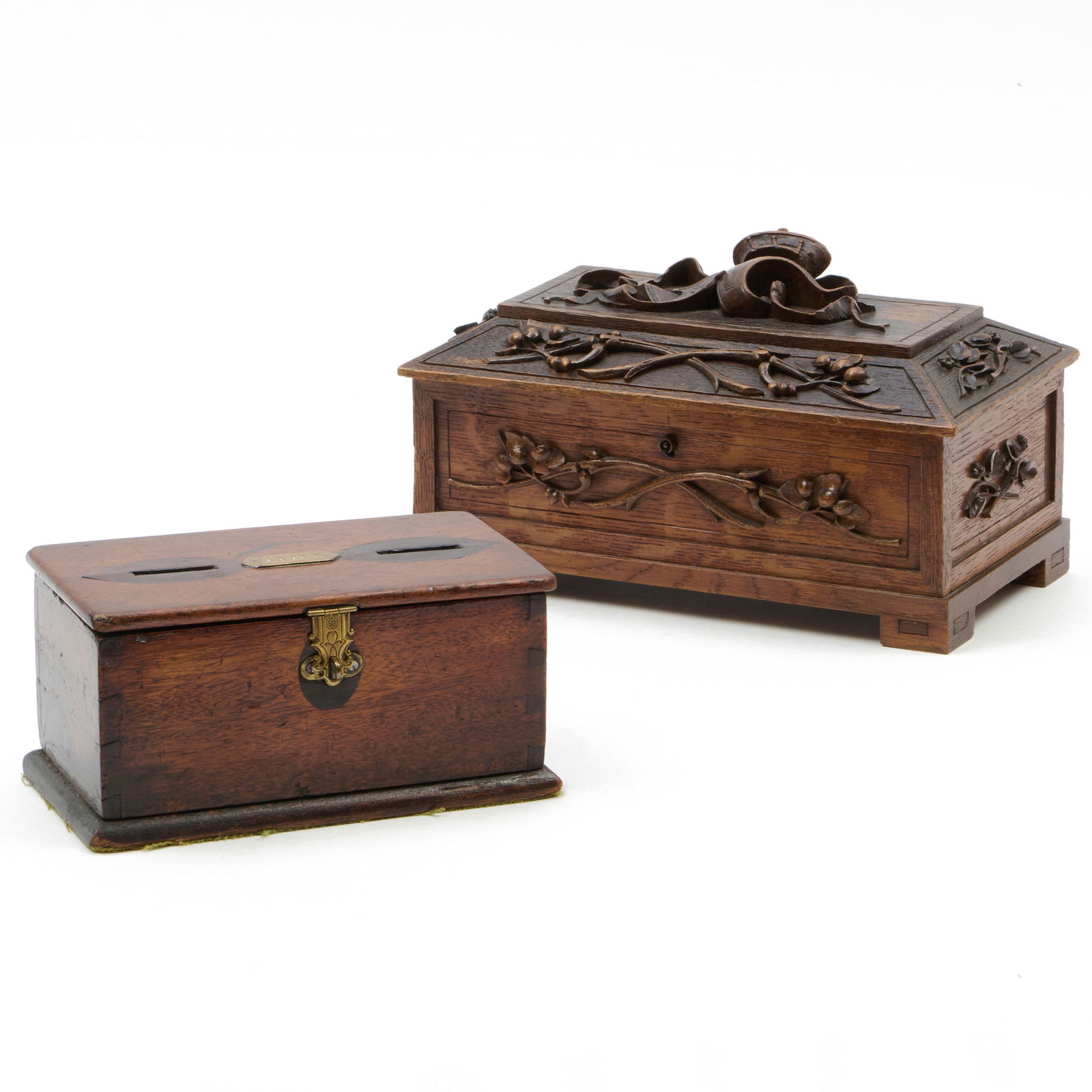 Two Oak Table Boxes: Two Oak Table Boxes One inlaid and marked ALICE, 4 x 8 x 4 1/2 in. The other carved, 6 x 10 3/4 x 6 in.