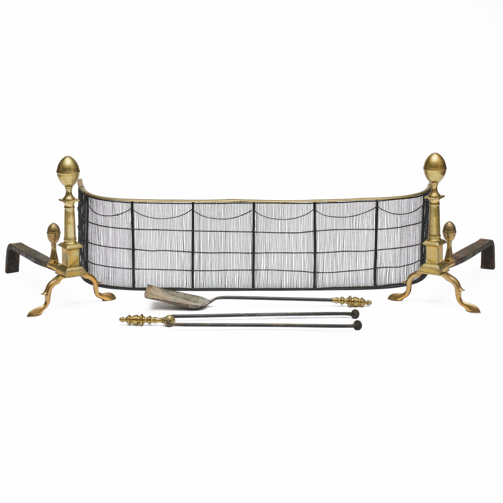 Pair of Andirons, a Fire Fender, and Two Pokers: Pair of Andirons, a Fire Fender, and Two Pokers Comprising: A pair of brass andirons, 20 x 12 1/2 x 21 in. A brass and iron fire fender, 12 x 4 ft. 1 x 13 in. and two brass-handled fire tools, 29 1/2