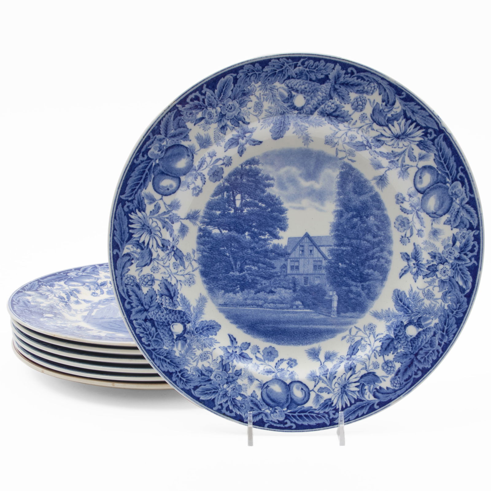 Set of Seven Wedgwood Vassar College Transfer Printed Dinner Plates: Set of Seven Wedgwood Vassar College Transfer Printed Dinner Plates Printed marks. Scenes include: The Library, a red and white plate and a blue and white The Lake Blodgett Hall of Euthentics <