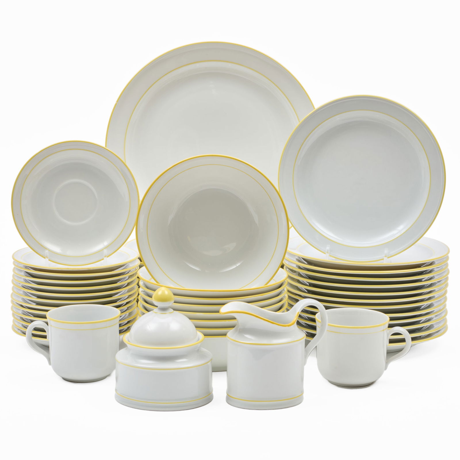 Seltmann Weiden White and Yellow Porcelain Part Service: Seltmann Weiden White and Yellow Porcelain Part Service Green printed marks. Comprising: Eight dinner plates Thirteen dessert plates Eight cereal bowls A serving bowl Thirteen coffe
