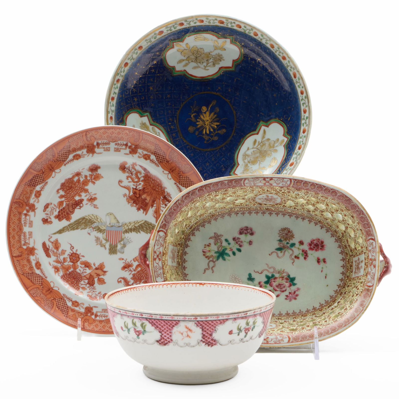 Assembled Group of Chinese Export and Chinese Export Style Porcelain Table Wares: Assembled Group of Chinese Export and Chinese Export Style Porcelain Table Wares Comprising: A Mottahedeh Bicentennial 'Fitzhugh' cinnabar dinner plate with eagle, green printed mark A blue ground Chi