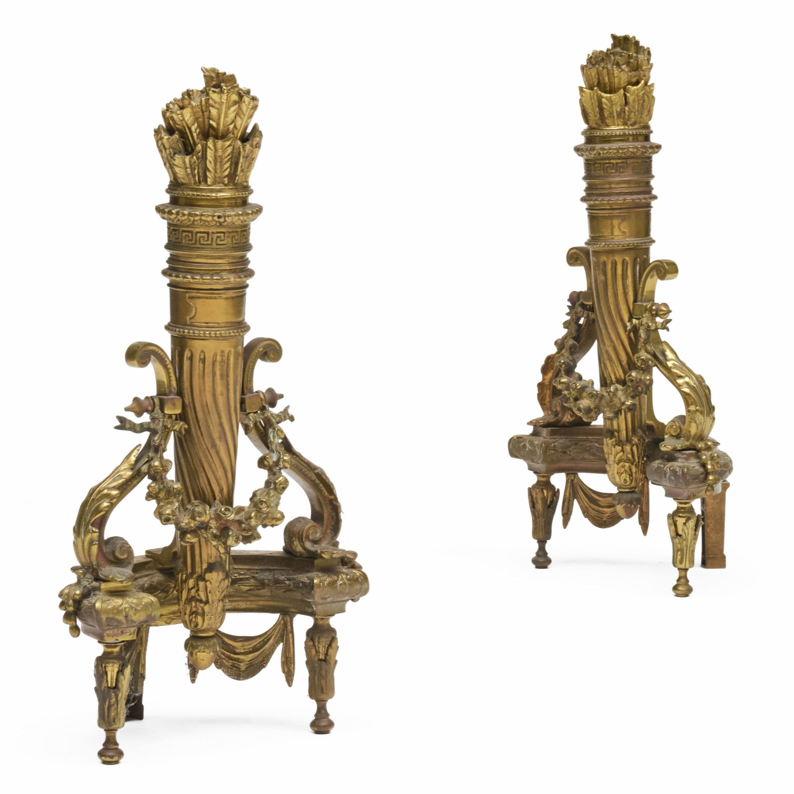 Pair of Napoleon III Gilt-Bronze Flaming Andirons: Pair of Napoleon III Gilt-Bronze Flaming Andirons 11 x 11 1/2 x 7 1/2 in.