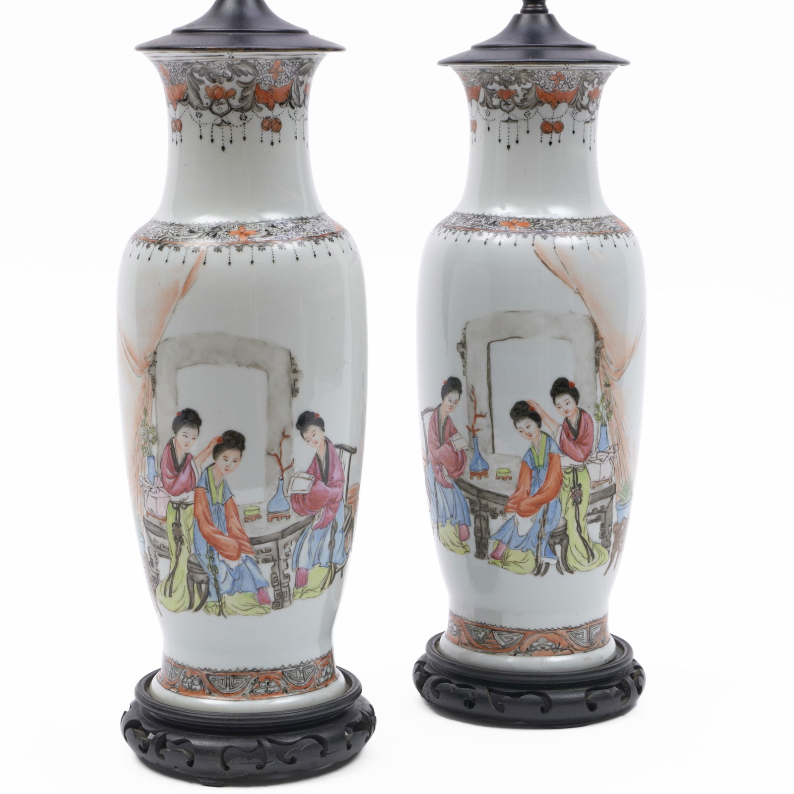 Pair of Chinese Export Famille Rose Porcelain Vases Mounted as Lamps: Pair of Chinese Export Famille Rose Porcelain Vases Mounted as Lamps Iron red character mark to the body. 19 1/2 x 5 1/2 in. diam., (to socket).